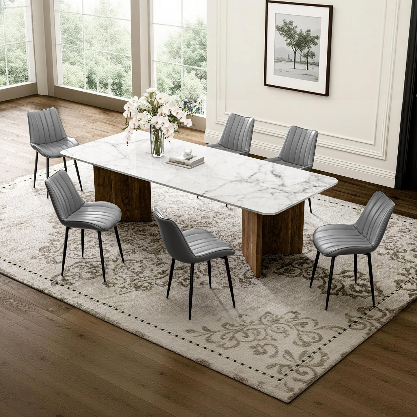 VECELO Dining Chairs Set of 6, Upholstered Kitchen Chairs with Comfortable Faux Leather Cushions and Neat Stitching, Mid-Century Modern, Easy Assembly, Grey