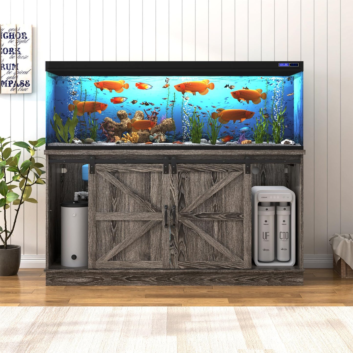 Hlivelood Farmhouse 75-120 Gallon Fish Tank Stand with Power Outlet, Aquarium Stand w/Cabinet&Sliding Barn Door, Heavy Duty Reptile Tank Stand for Fish/Turtle/Reptile Terrarium, 1000LB Capacity, Grey