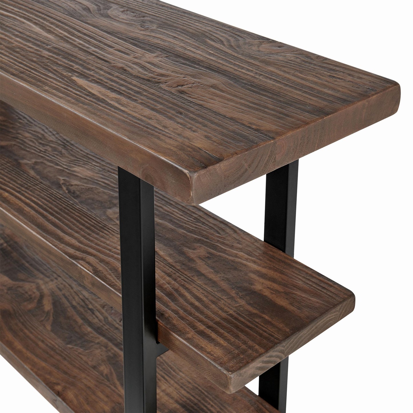 Alaterre Furniture Pomona 3-Tier Solid Wood Media Console Table with 2 Open Shelves and Metal Legs - Rustic Industrial Farmhouse TV Stand and Storage Console (Rustic Brown)