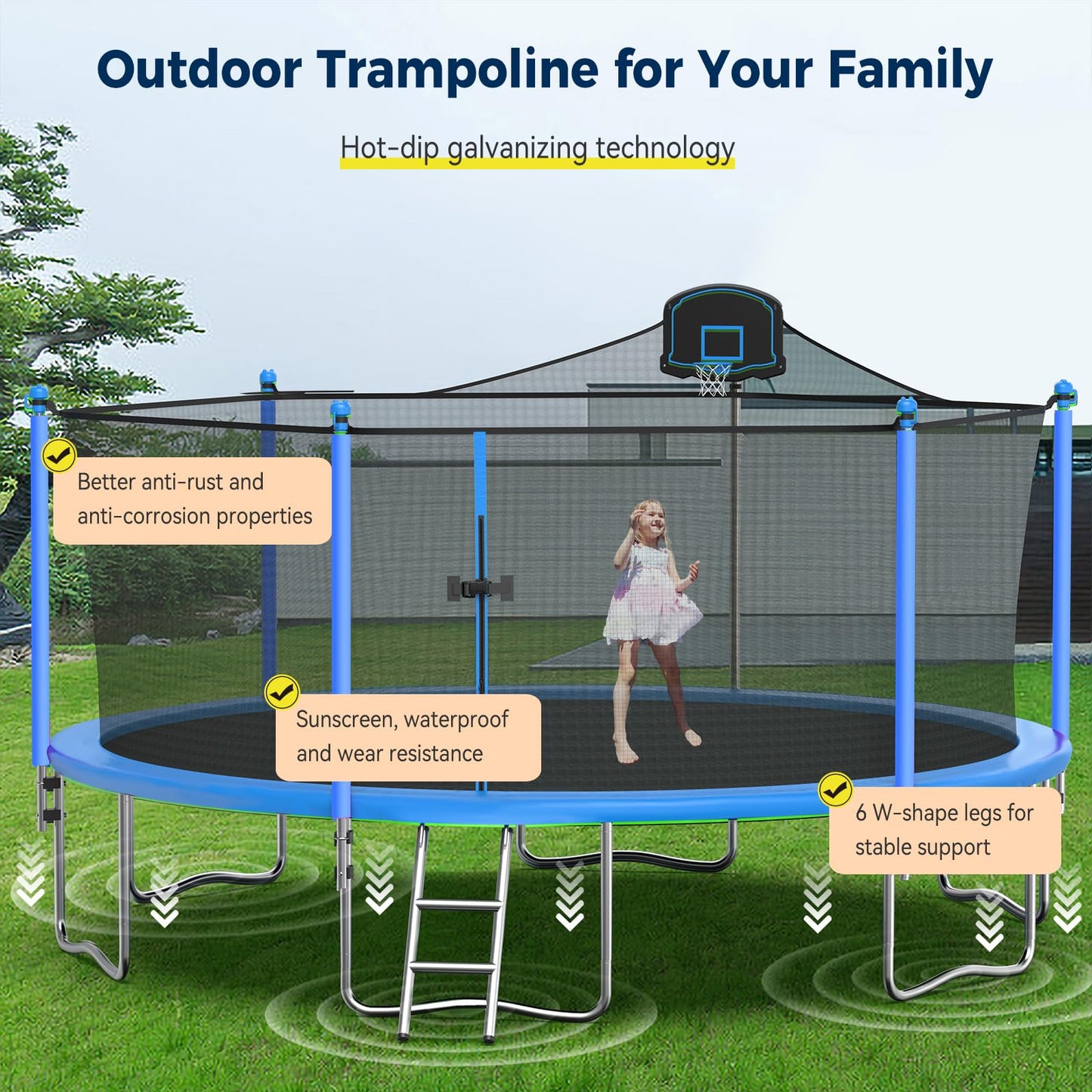 Tatub 16FT Trampoline for Kids and Adults, Outdoor Recreational Trampolines with Basketball Hoop & Enclosure Net, Blue