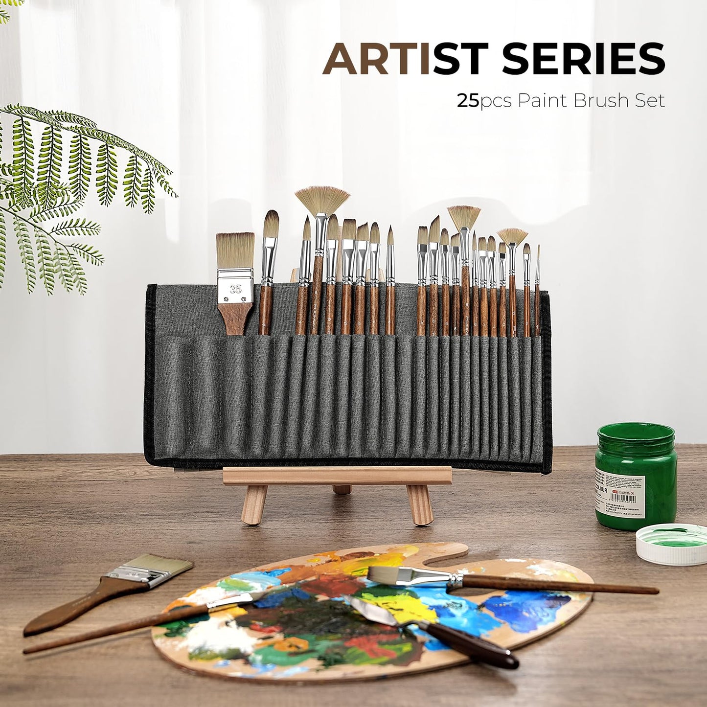 Fuumuui 25pcs Paint Brush Set, Professional 9 Shapes with Wide Flat, Filbert, Fan, Dagger, Cat Tongue, Round, Angle, Rigger for Acrylic Oil Watercolor | Includes Palette Knife & Waterproof Canvas Roll