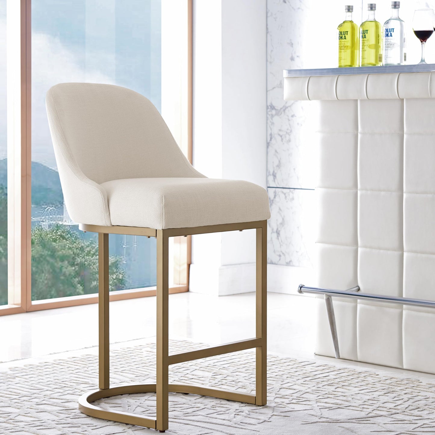 Leick Home 214957 Barrelback Counter Stool with Metal Base, Set of 4, for Elevated Kitchen Counters, High Top Tables, and Bars, Modern White Linen Seat and Gold Metal Base
