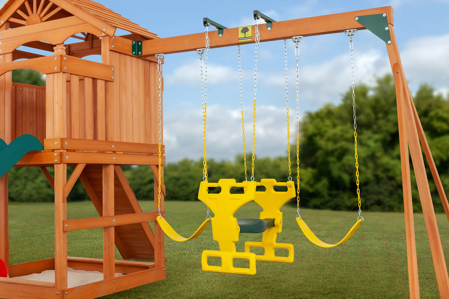 Timber Valley Cedar Backyard Playset | Multi | W:15'9" D:11'10" H:9'3" | 2-Person Glider, 2 Belt Swings & Green Slide | Kids Age 3-12 | DIY Outdoor Swingset | ASTM Standards | 10-Year Wood Warranty