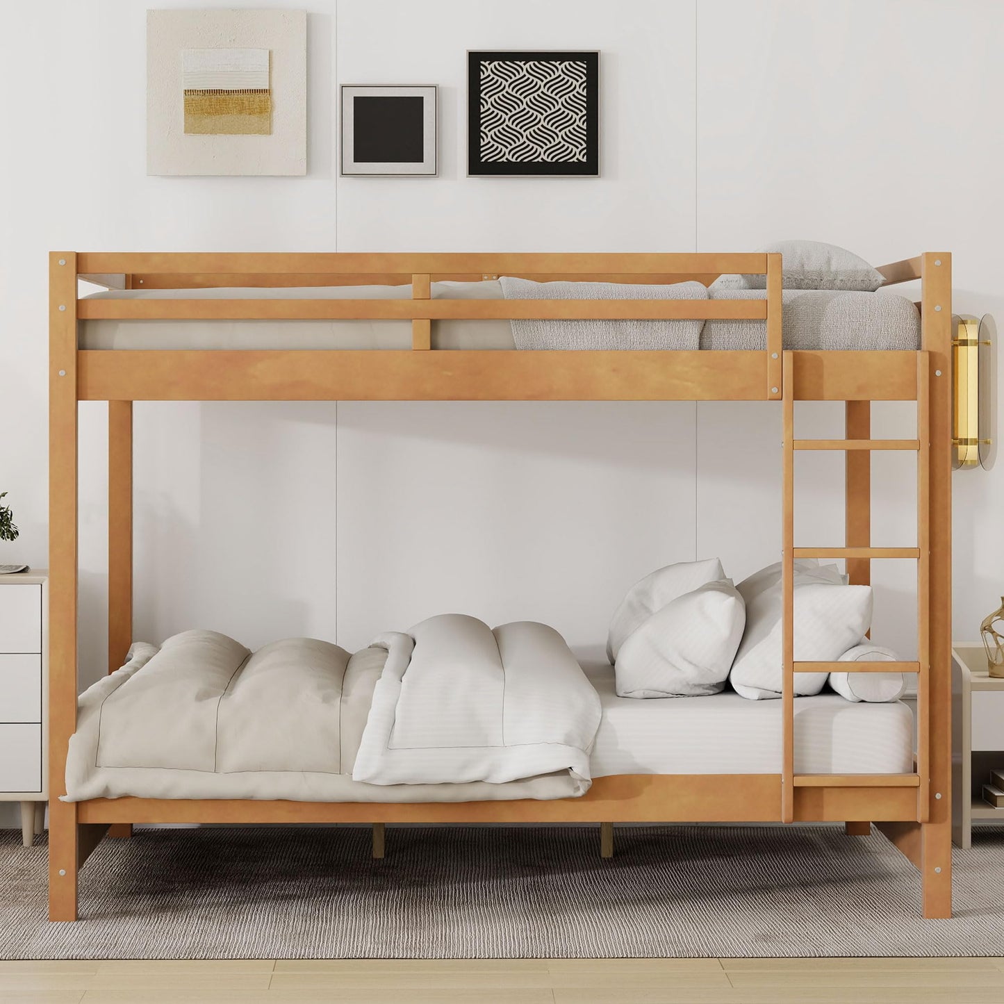 Merax Modern Queen Over Queen Size Wood Bunk Bed with Ladder, No Box Spring Required, Space-Saving, Wood Color