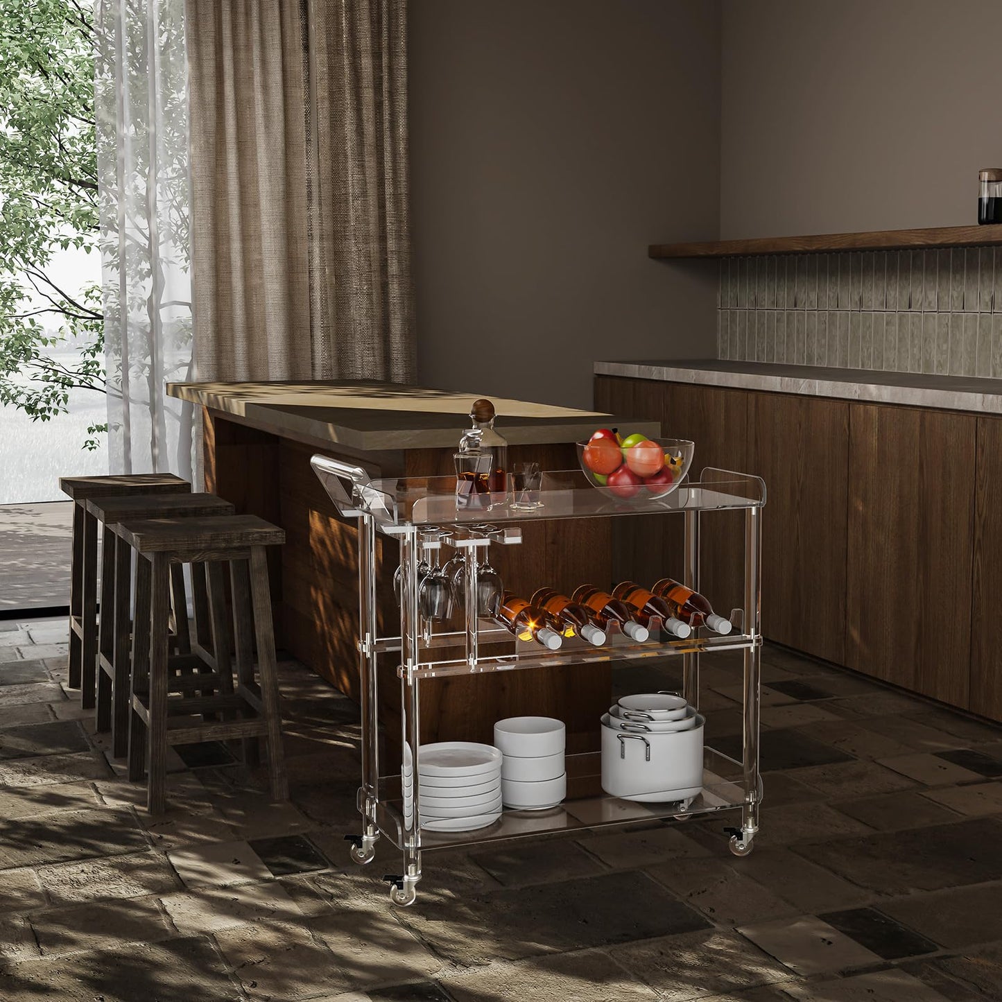 HMYHUM Acrylic Bar Cart with 4 Lockable Wheels, Clear Serving Cart with Wine Rack and Glass Holder, Rolling Beverage Cart for Home, Kitchen, Dinning Room, 33.7" L x 13" W x 34.8" H