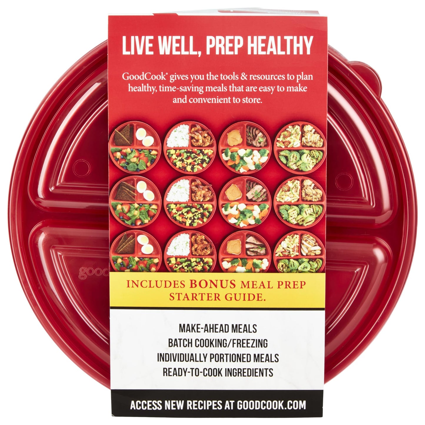 GoodCook Meal Prep Containers Set Microwave & Dishwasher-Safe Round Food Organizers with Labeled Compartments BPA-Free Food Storage Set with Snap Shut Lids Portion Control, 10-Pieces, Red