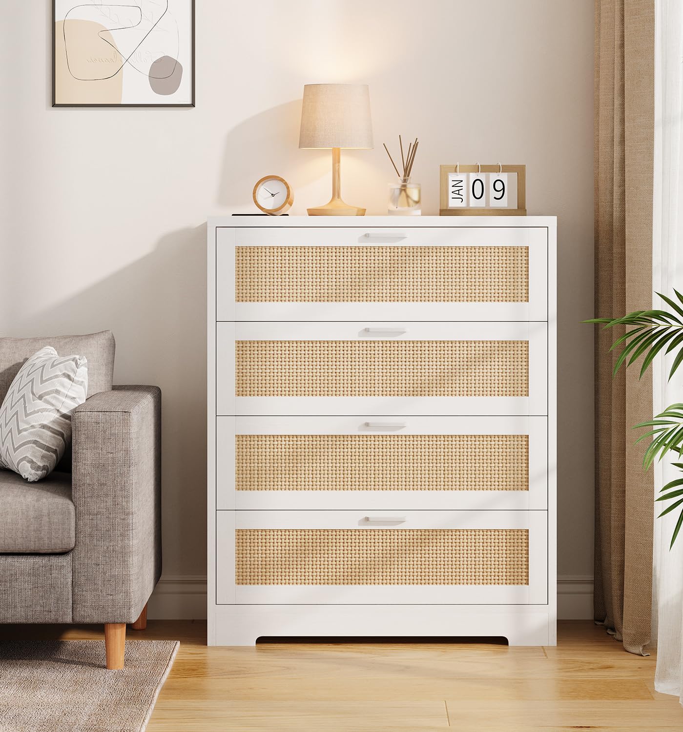 GarveeHome Rattan Dresser, Tall Chest of Drawers, Wood Dresser for Bedroom, Closet, Living Room, Hallway (White, 15.8" D x 31.5" W x 38.6" H (4 Rattan Drawers))