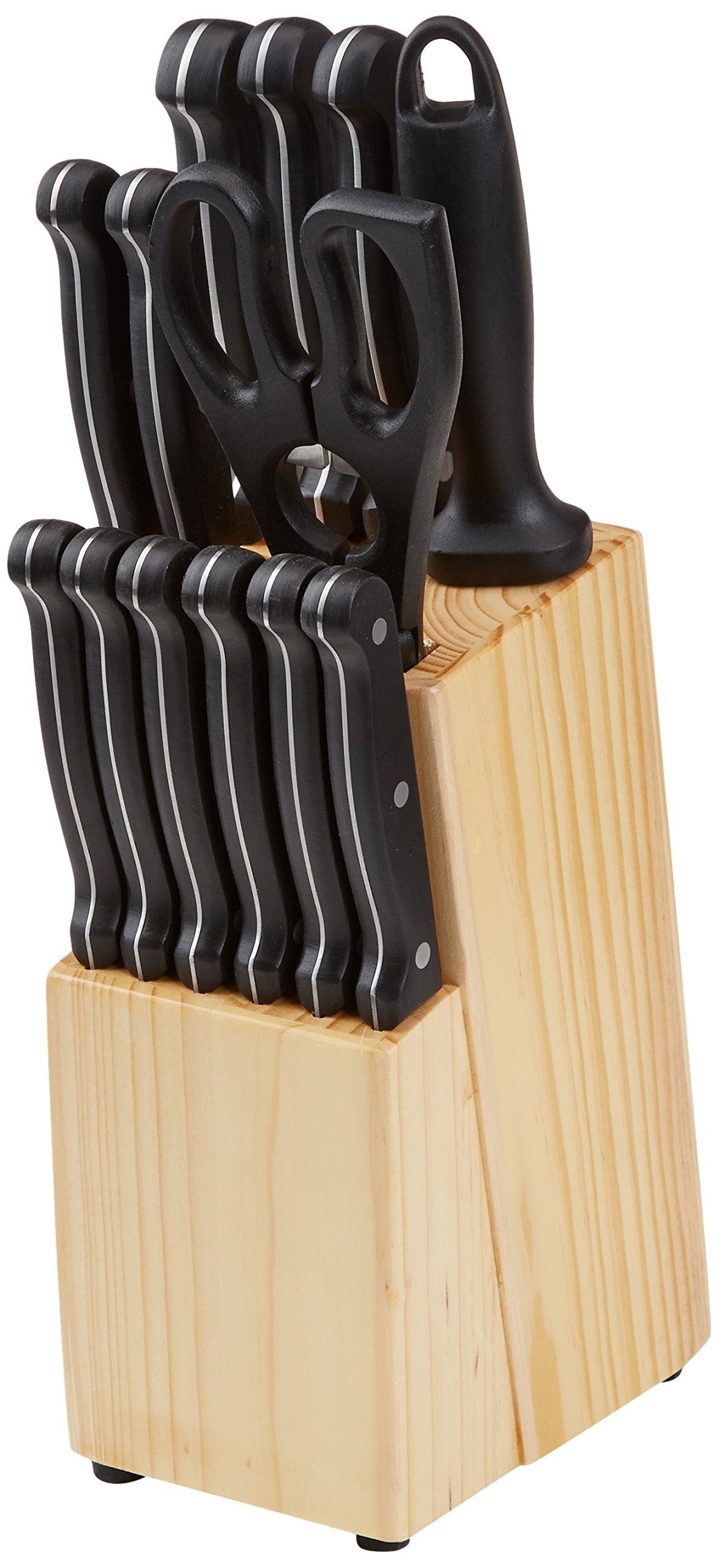 Amazon Basics 14-Piece High Carbon Stainless Steel Kitchen Knife Set with Full Tang Construction, Ergonomic Handles, Sharpener and Pinewood Block, Black