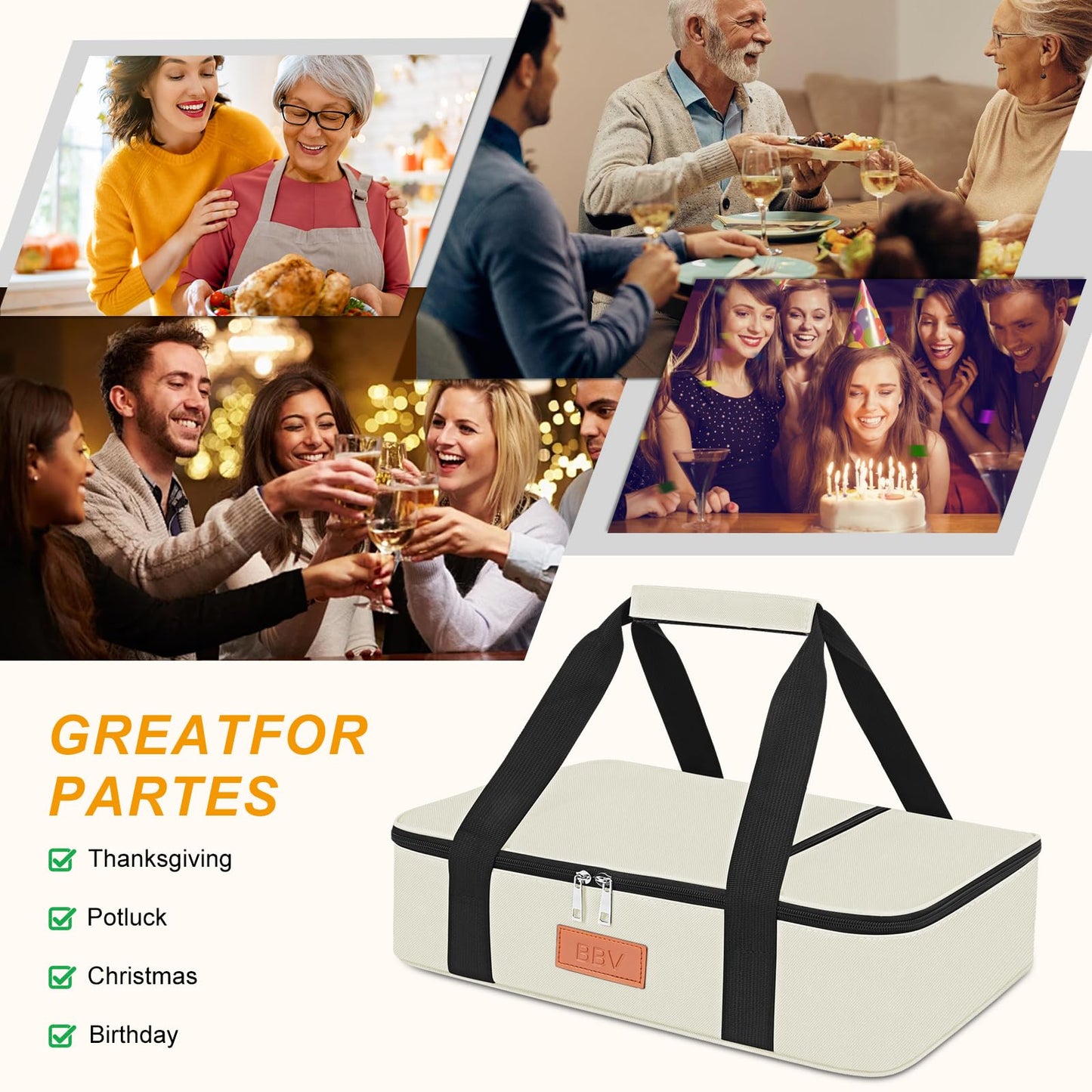 BBV Insulated Casserole Carrier for Hot or Cold Food, Food Warmer Bag Fits 9"x13" Baking Dish, Durable Nylon Leak Proof Food Containers for Travel, Potluck, Parties, Picnic, Cookouts (Beige)
