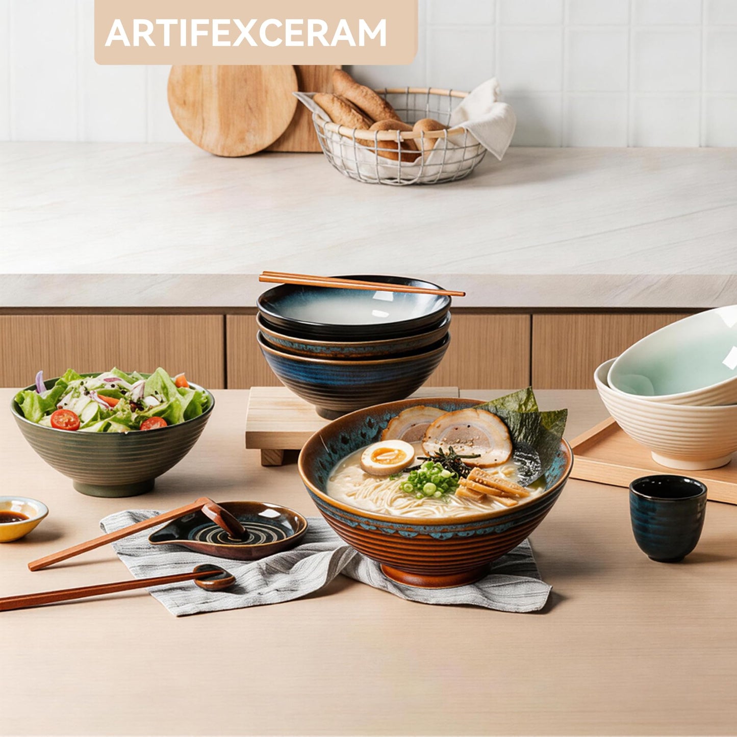 ArtifexCeram 8 Inch Ceramic Ramen Bowl Set of 2, 40oz Japanese Bowls with Spoons & Chopsticks,Durable,Microwave & Dishwasher Safe,Perfect for Ramen,Pho,Salad,Soup,Noodles,Mixing bowls(Verdigris Green)