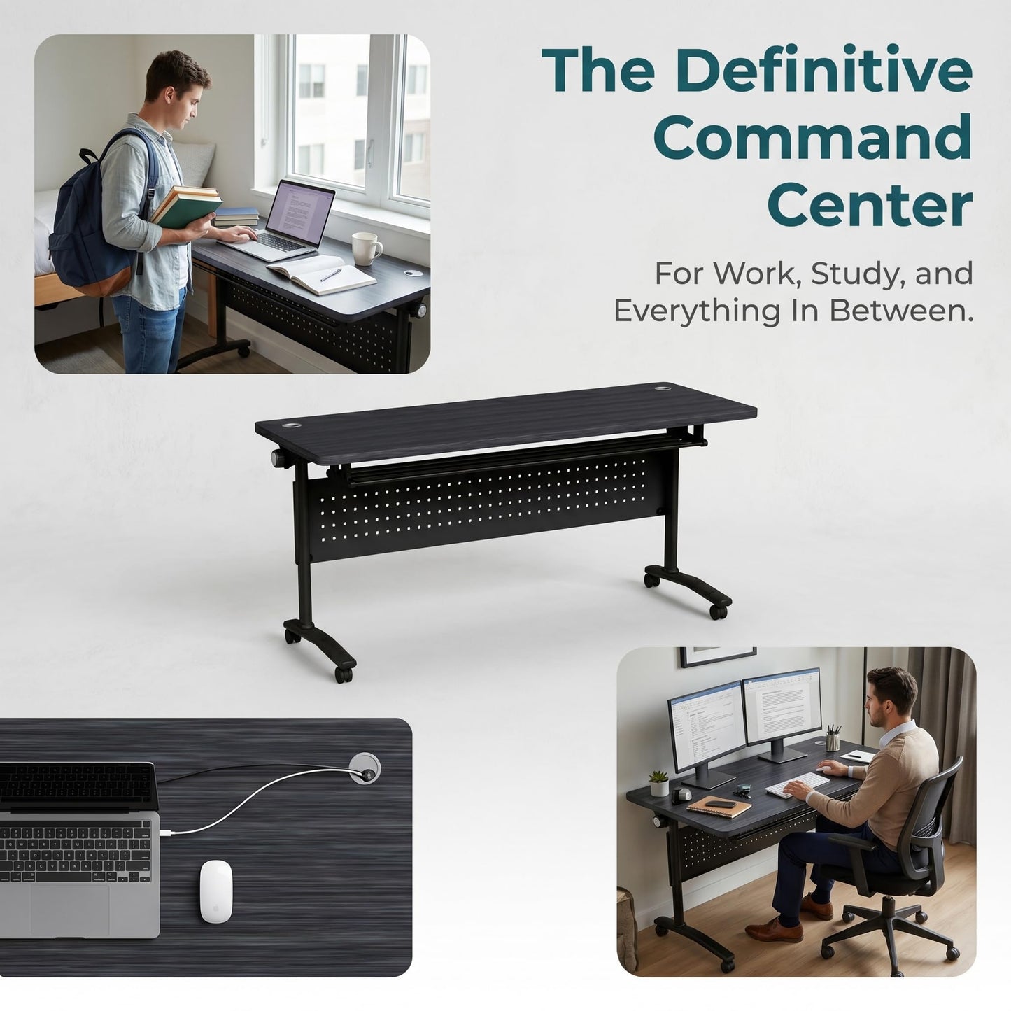 Folding Conference Room Tables with Wheels, Modular Conference Table Foldable Mobile Office Training Tables, Seminar Rolling Flip Top Nesting Meeting Table Space-saving for Classroom, Black 8Pack