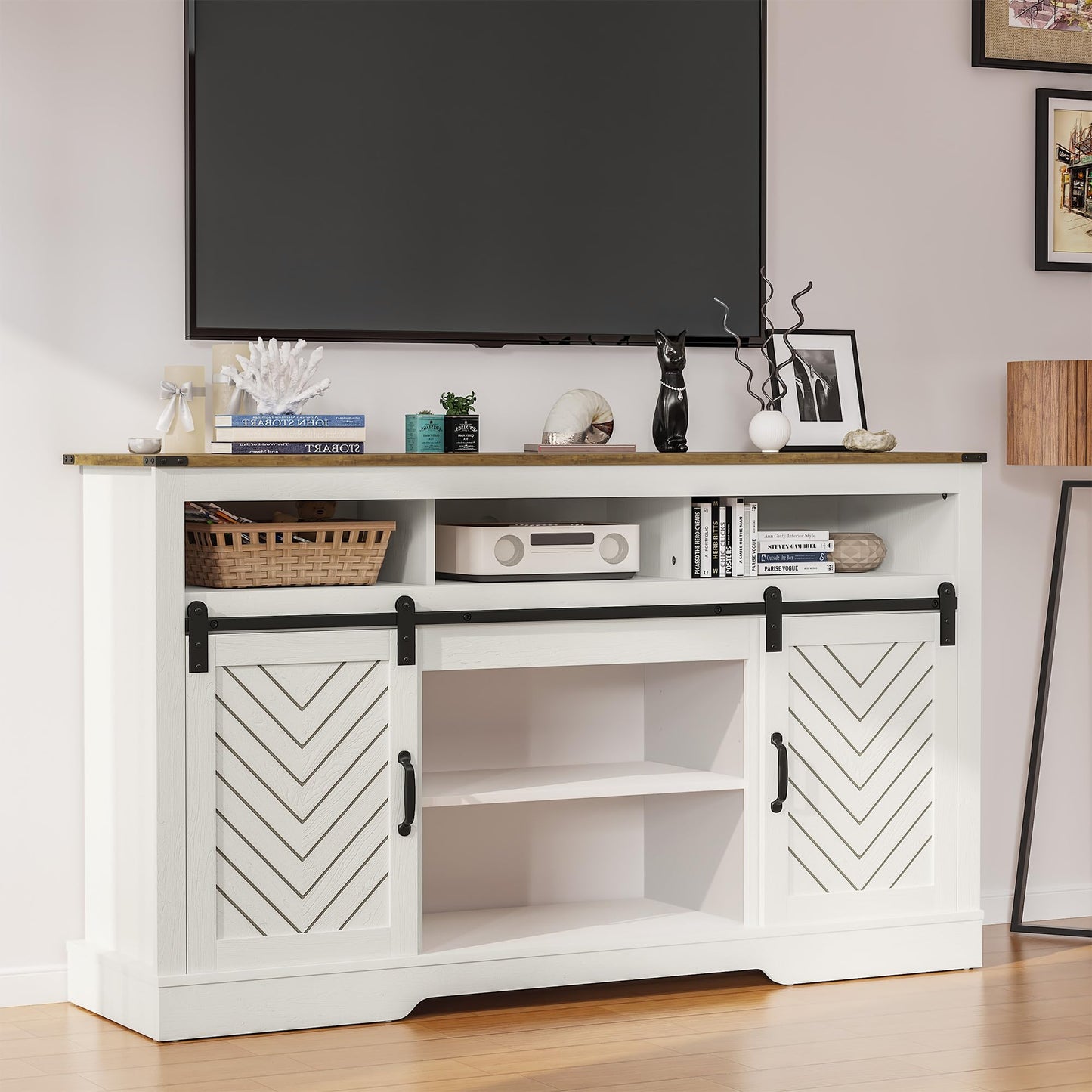 May in color Farmhouse Fireplace TV Stand for 65+ TV, 34" Tall Rustic TV Console with Sliding Bar Door, Entertainment Center with 23" Electric Fireplace with Remote for Living Room, White and Wood Ton