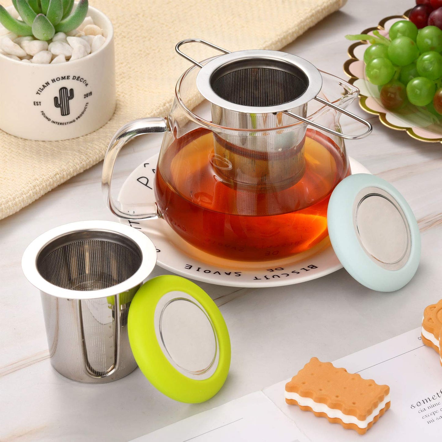 2 Pieces Tea Infusers Stainless Steel Strainer Folding Handle Filter Extra Filter Fine Mesh Strainer Brewing Basket with Lid for Loose Leaf Tea