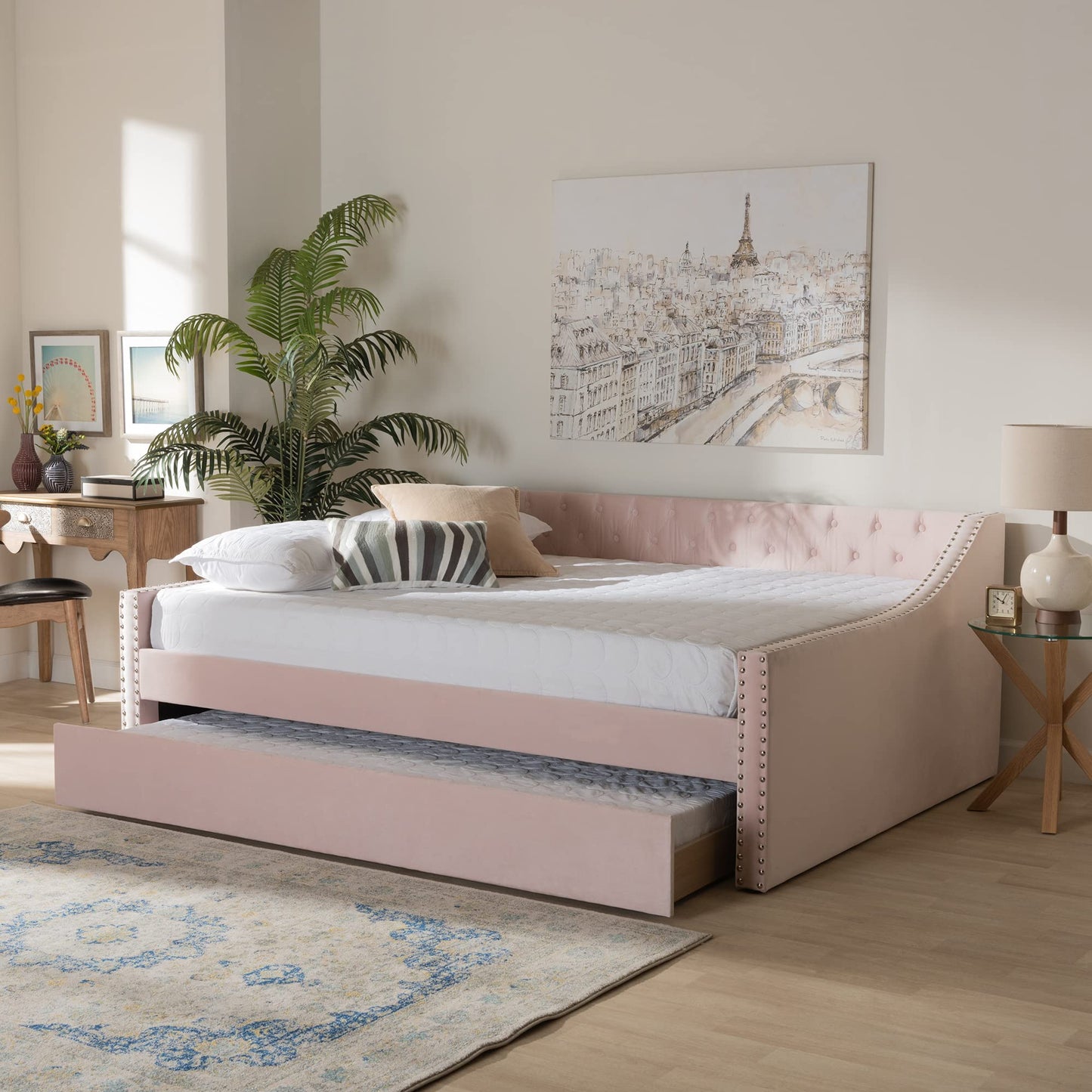 Baxton Studio Raphael Modern and Contemporary Pink Velvet Fabric Upholstered Full Size Daybed with Trundle