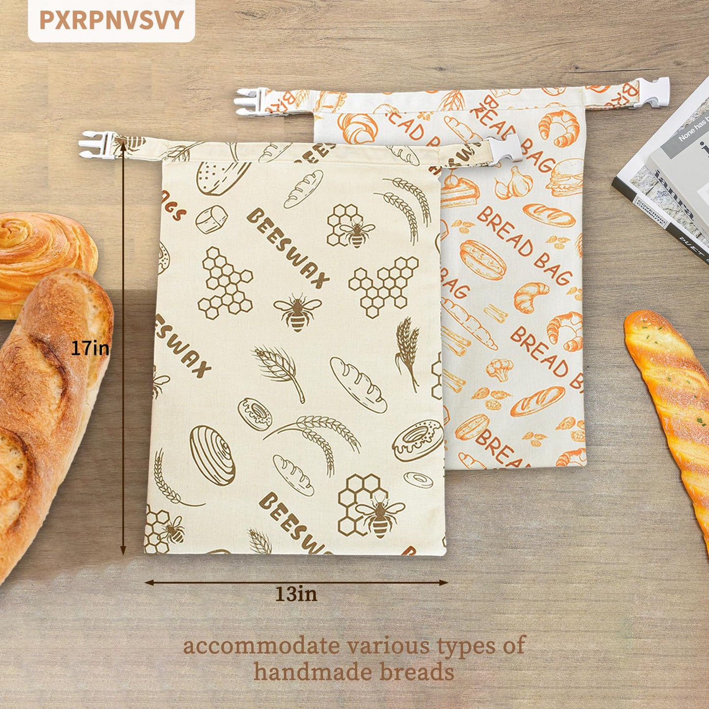 2-PACK Beeswax Bread Bag - Reusable Food Wrapor Homemade Sourdough Loaf,to Keep Fresh Fridge-Safe Beeswax Perfect for Cheese, Fruits Washable & Sustainable Alternative to Plastic