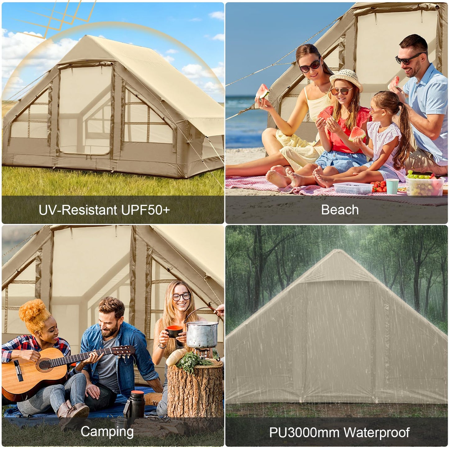 Inflatable Tents for Camping, 4-6 Person Easy Blow Up Tent with Hand Pump,4 Seasons Waterproof Air Inflatable Camping Tent House for Family Weekend Camping,Beige
