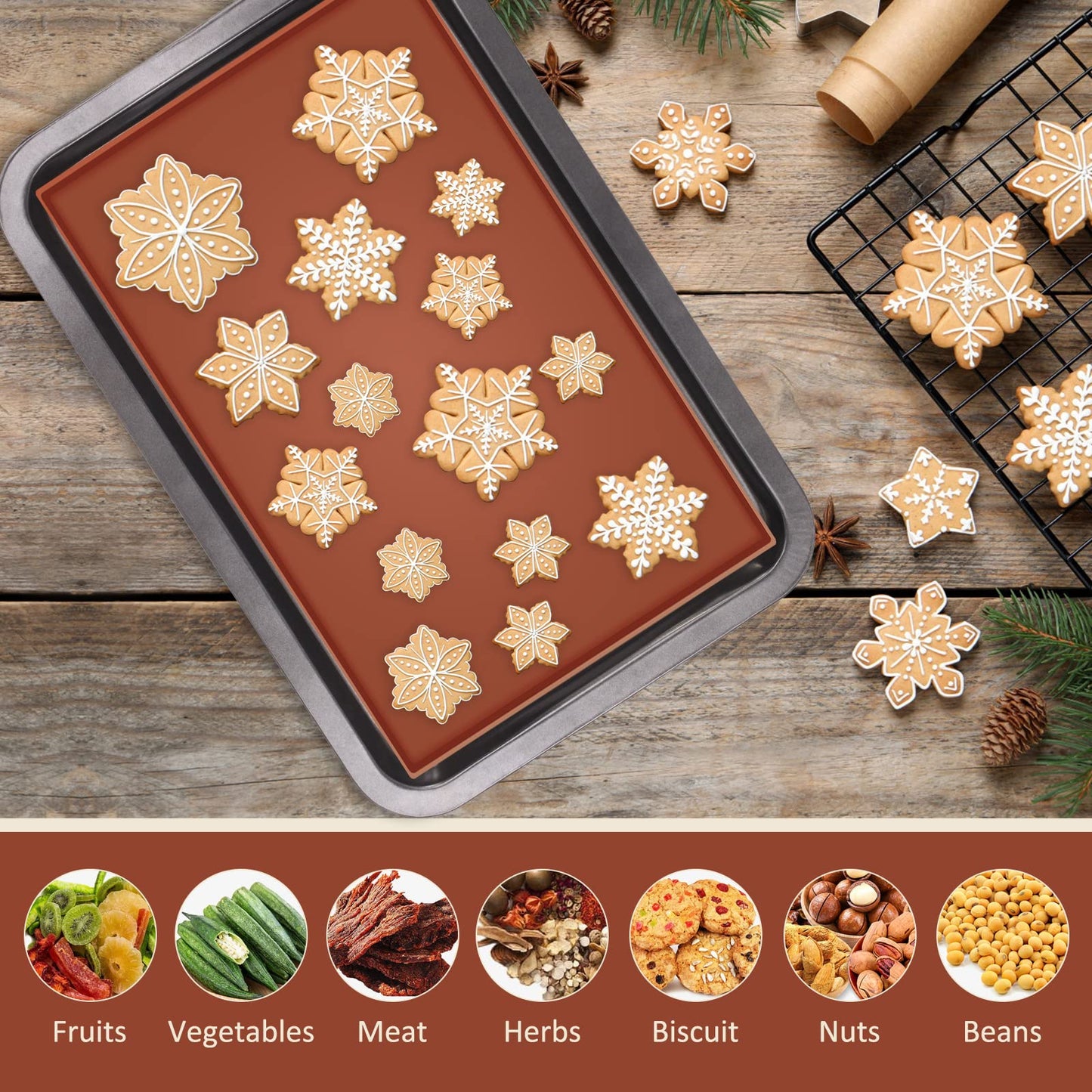 6PCS Silicone Dehydrator Sheets with Edge, Anglecai 12.2 x 10.2 Inch Silicone Dehydrator Mats Compatible with Cosori CP267-FD, Nonstick Dehydrator Trays Liner for Fruits Meat Vegetables(Brown)