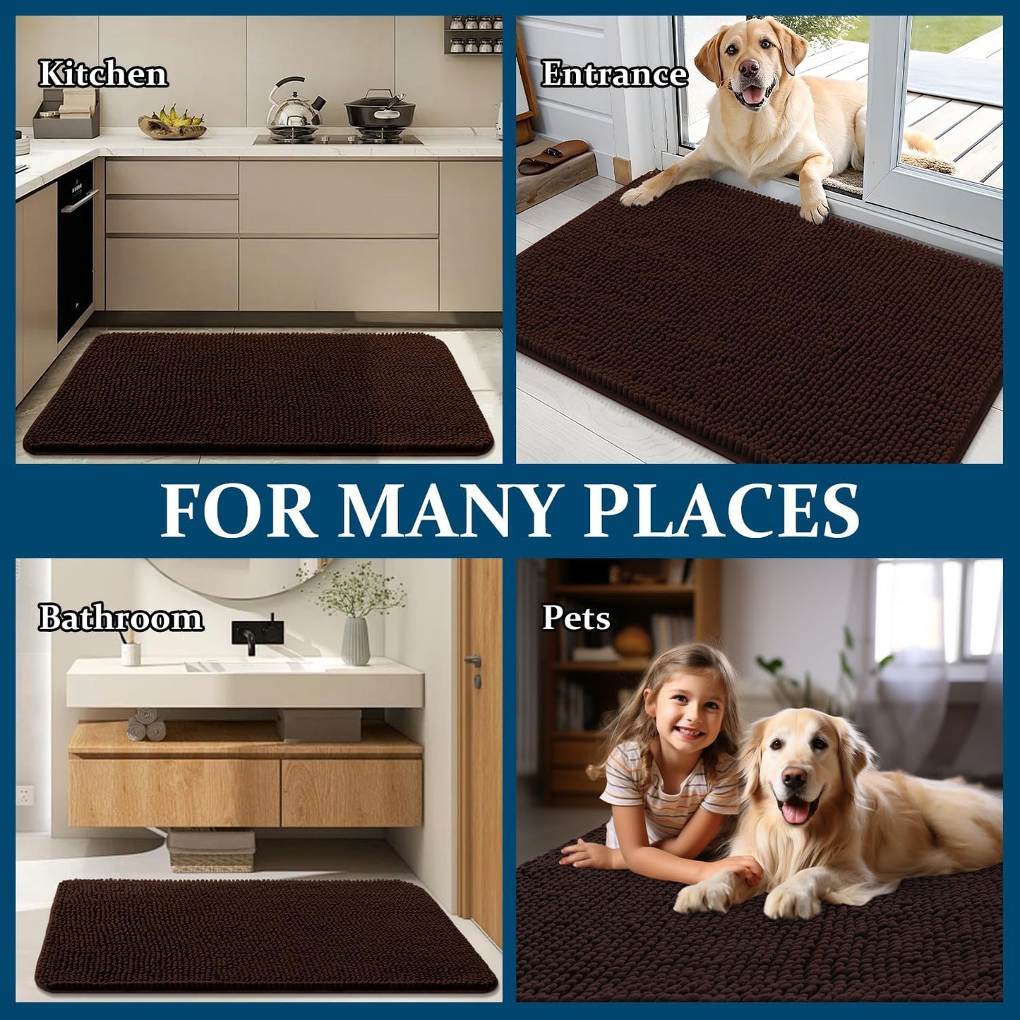 OLANLY Dog Door Mat - Absorbent Non-Slip Chenille Mat for Muddy Paws | 50x30 Inches, Brown