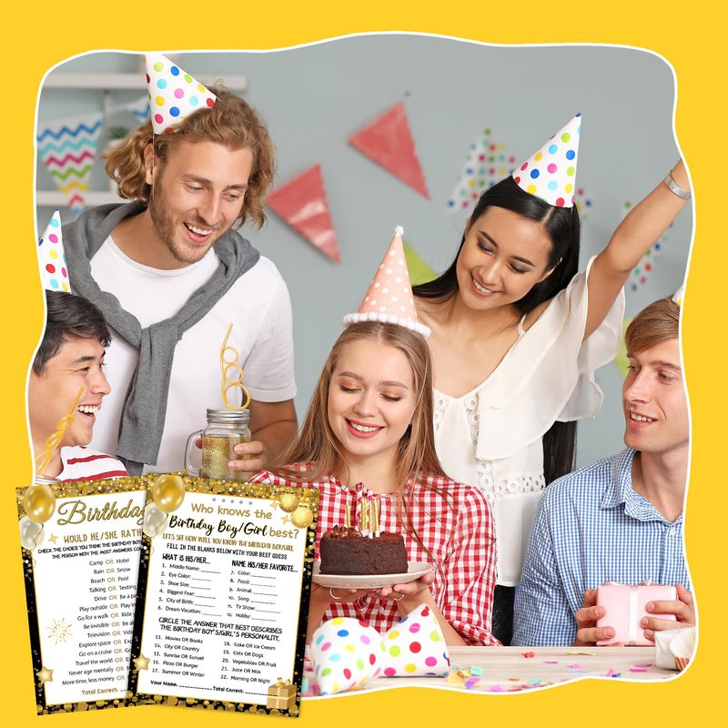 HOMANGA Who Knows The Birthday Boy Girl Best, Birthday Game Cards for Party Activities, Birthday Game Cards for Teens Kids Girls Boys Sleepover Party - Set of 30 (Black Gold, Double-Sided)