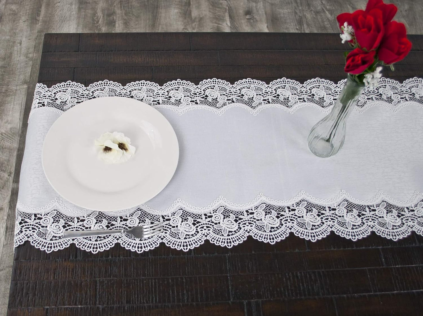 White Royal Rose European Antique Lace Jacquard Table Runner, Dresser Scarf (16Wx36L)