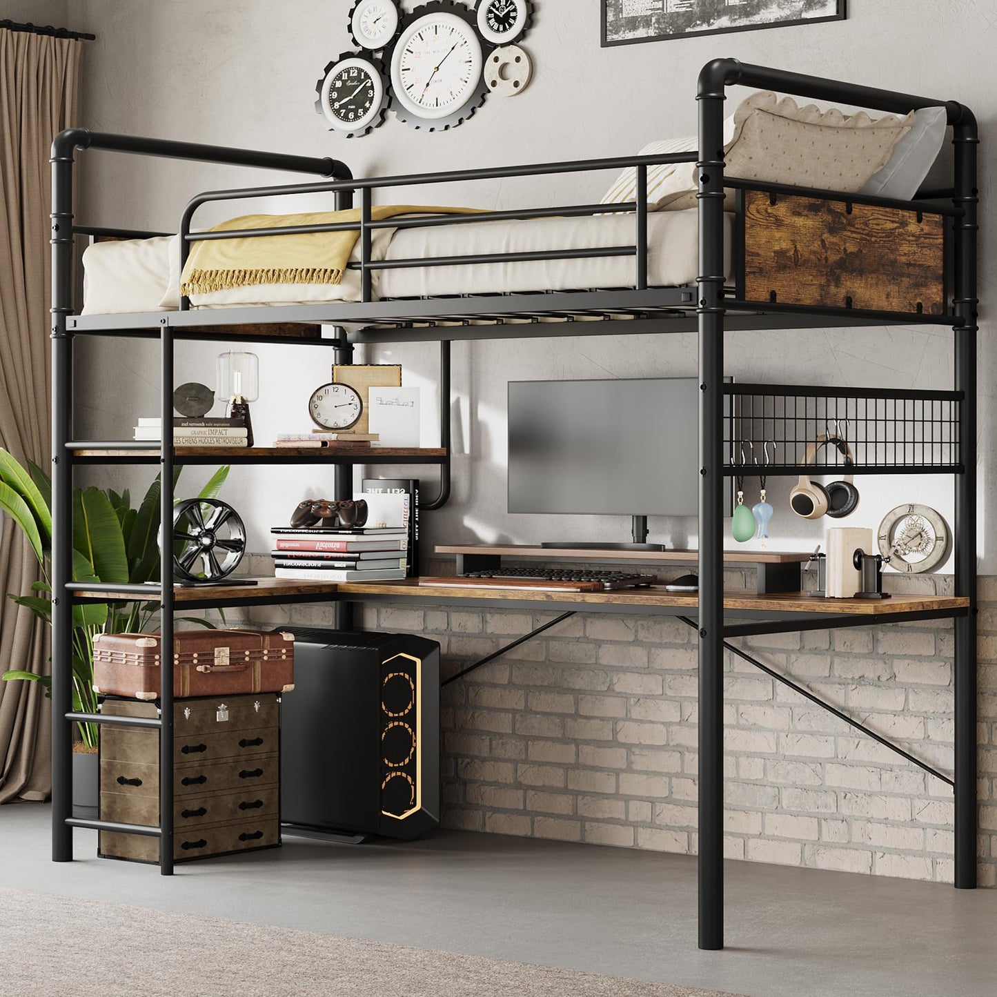 IDEALHOUSE Loft Bed Twin Size with l-Shaped Desk, Metal Bunk Bed with 2 Open Shelves and Decorative Mesh, Twin Loft Bed with 13.4" h Safety Guard & Ladder,No Box Spring Needed,Brown