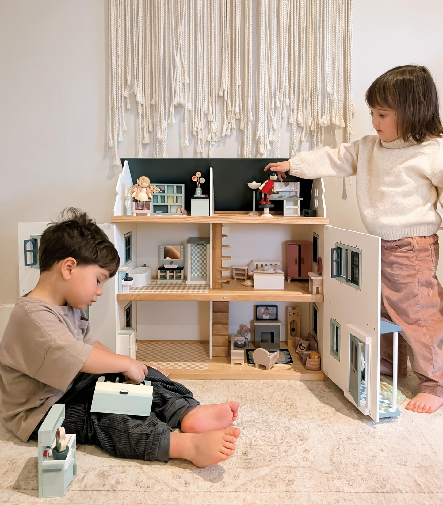 Tender Leaf Toys - Dovetail House - Large Luxury 27.36" Tall 3 Story Doll House with 6 Rooms - Gender-Neutral Dollhouse - Encourage Creative and Imaginative Fun Play for Children - Age 3+