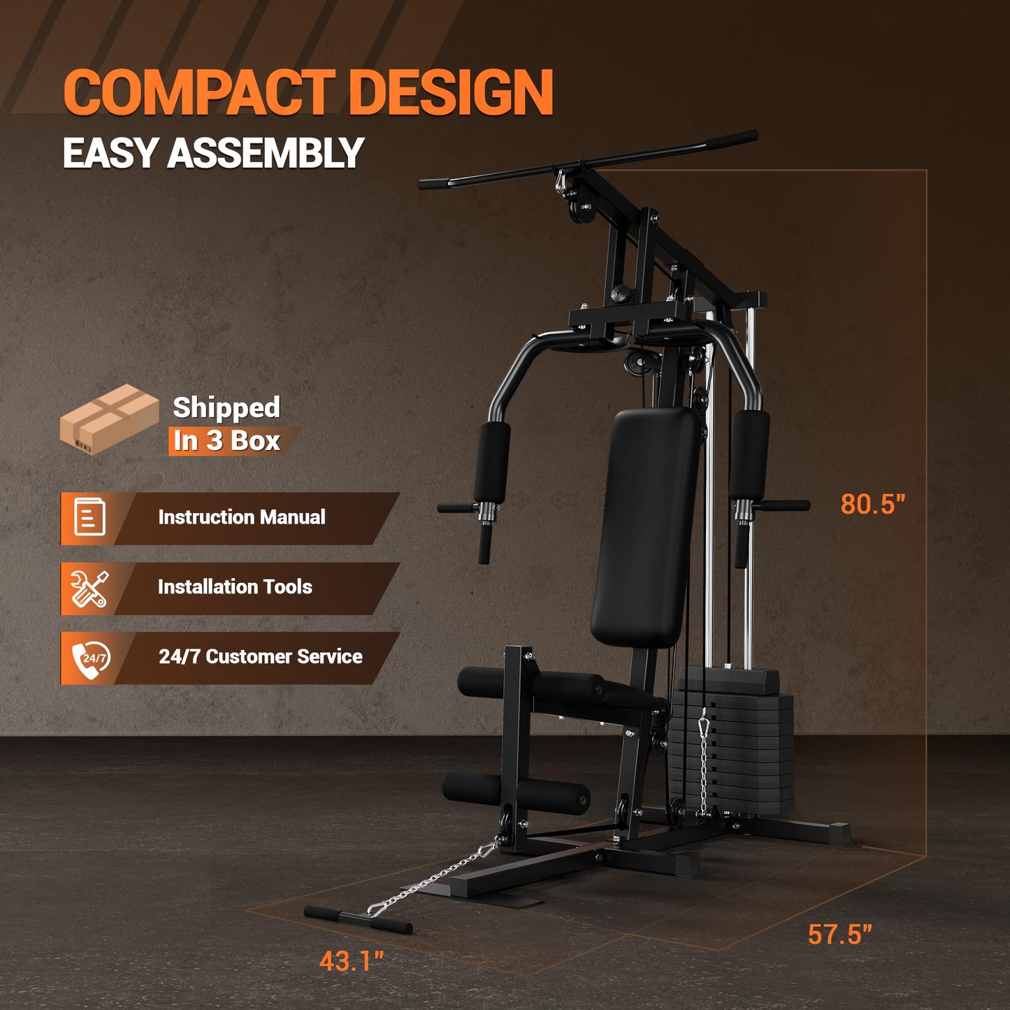 Home Gym Equipment, Multifunctional Workout Station with 100LBS Weight Stack, Home Gym Machine for Full Body Traning with LAT Pulldown System
