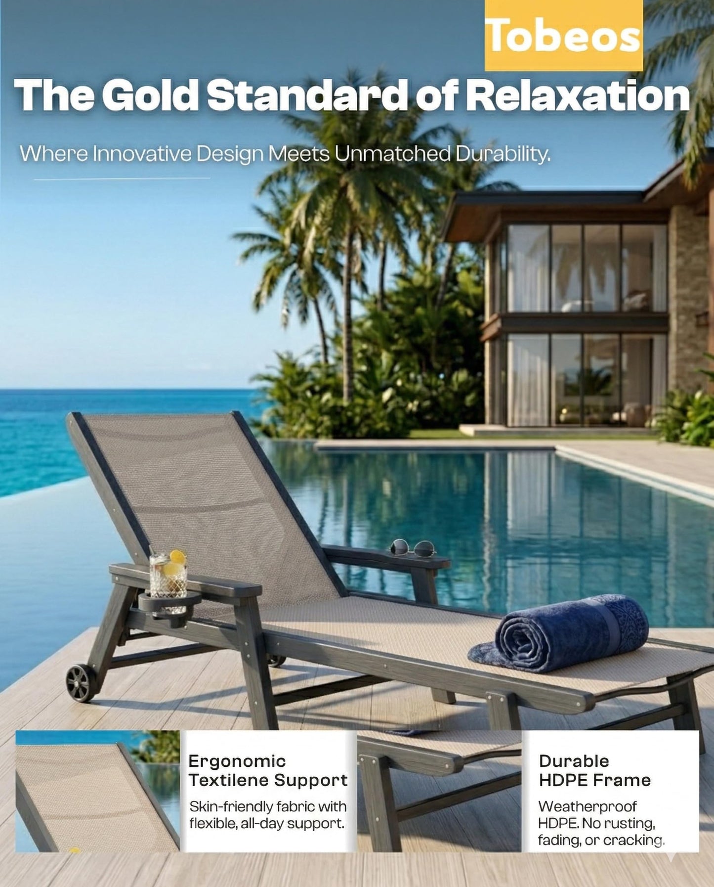Tobeos Patio Chaise Lounge Chairs with Wheels & Cup Holder, All-Weather HDPE & Textilene Outdoor Pool Lounge Chairs, Grey Frame, Khaki Textilene, Set of 2