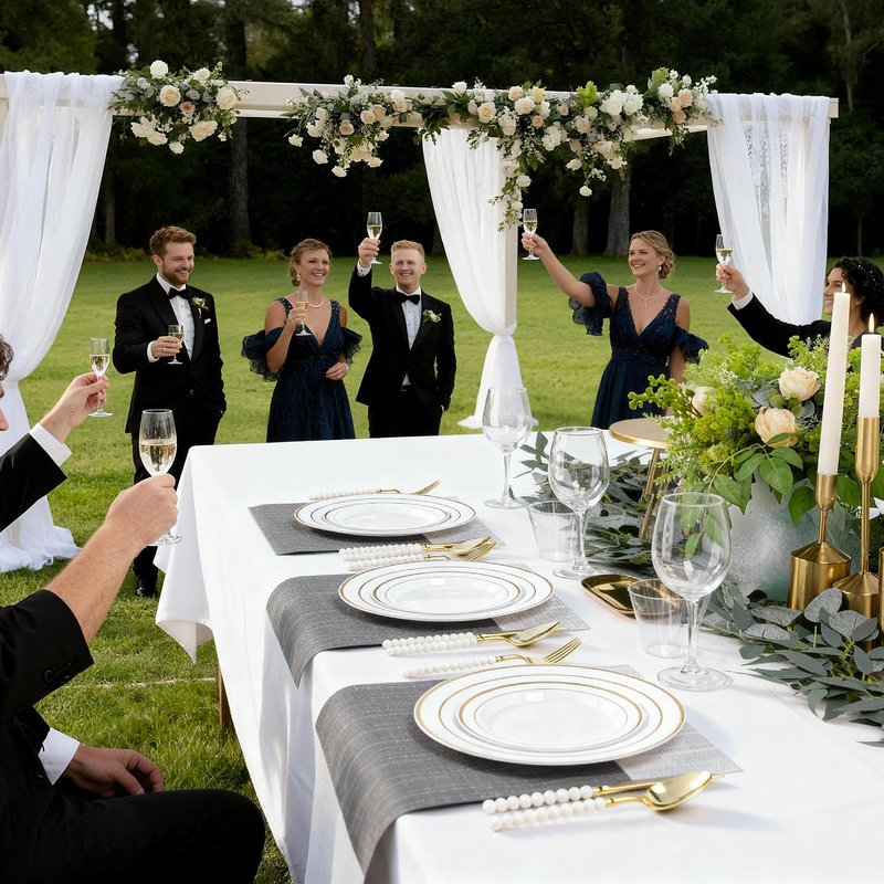 QualQuot 200PCS White Plastic Plates with Gold Rim, Disposable Heavy Duty Plastic Plate, 100 Dinner and 100 Dessert Plates for Party and Wedding