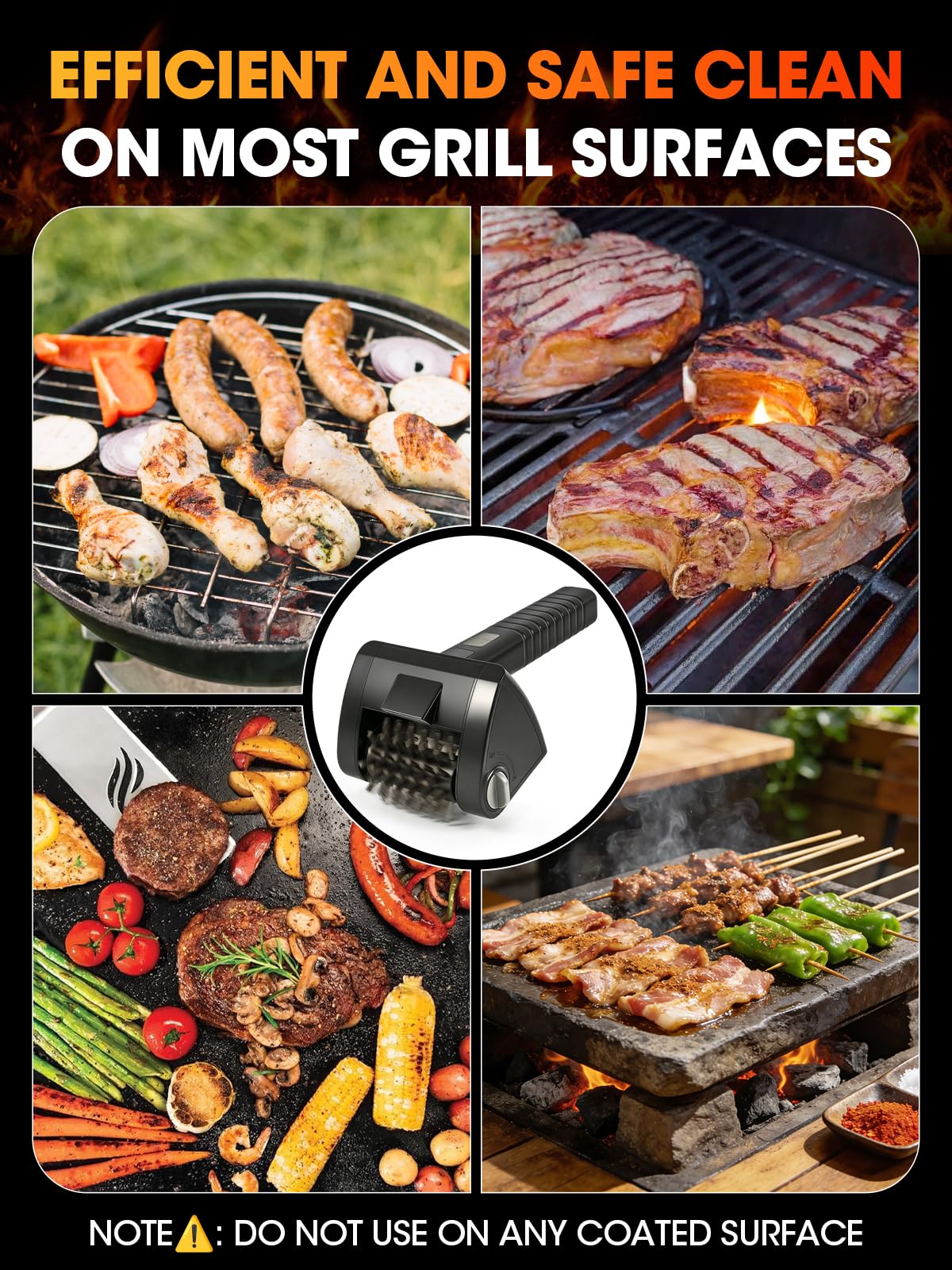 Electric Grill Brush, Cordless Rechargeable BBQ Cleaner, 2-Speed Control, 304 Stainless Steel Removable Brush Head for BBQ Grates & Outdoor Grills