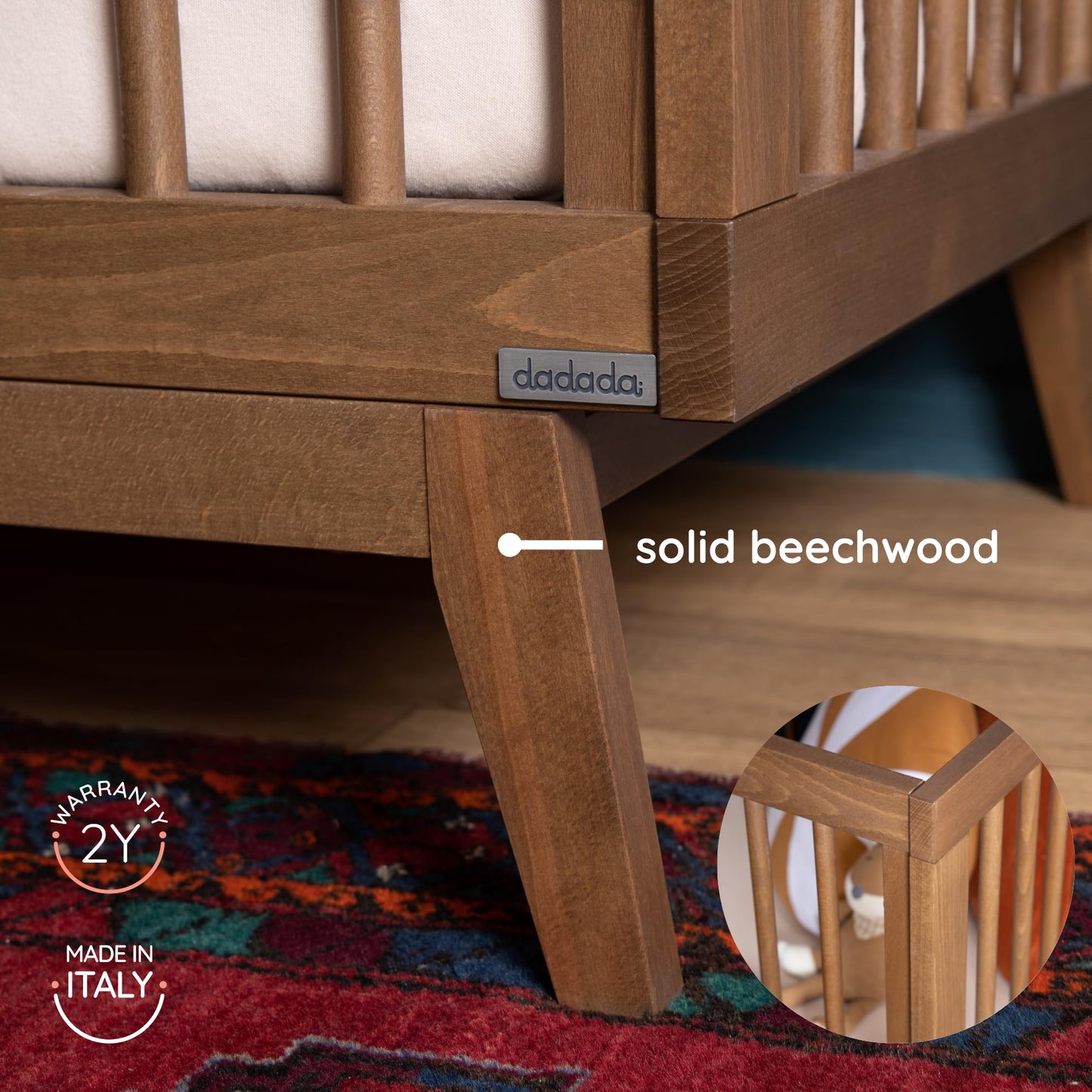 dadada Baby Soho 3-in-1 Convertible Wooden Crib to Toddler Bed - Made in Italy, GREENGUARD Gold Certified, Baby-Safe Finish, Handcrafted Beechwood, Modern Design, 3 Adjustable Heights (Walnut)