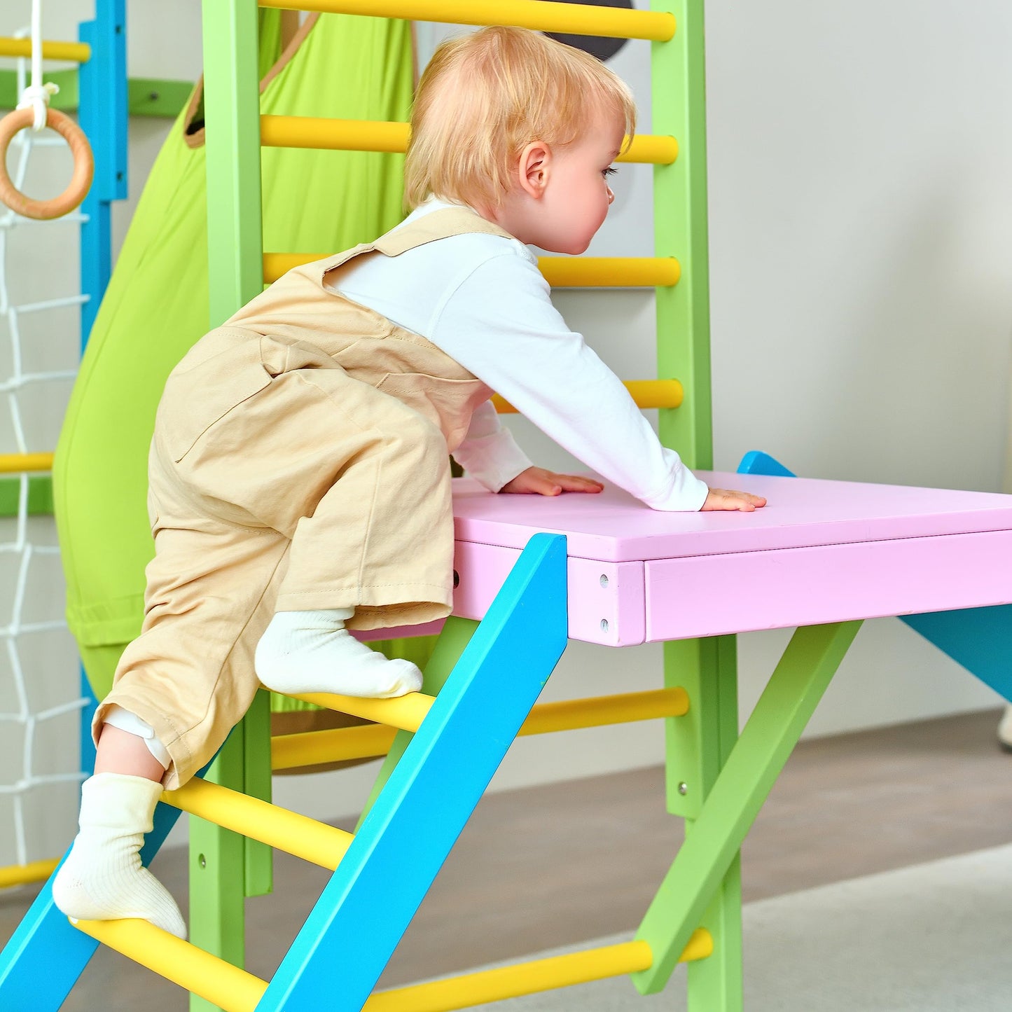 Avenlur Grove 9-in-1 Indoor Jungle Gym Playground: Montessori Waldorf Style Wood PlaySet for Kids, and Toddlers Features Monkey Bars, Rope Wall Net, Ladder, Climber, Slide, Ring Set. Ages 2-11yrs