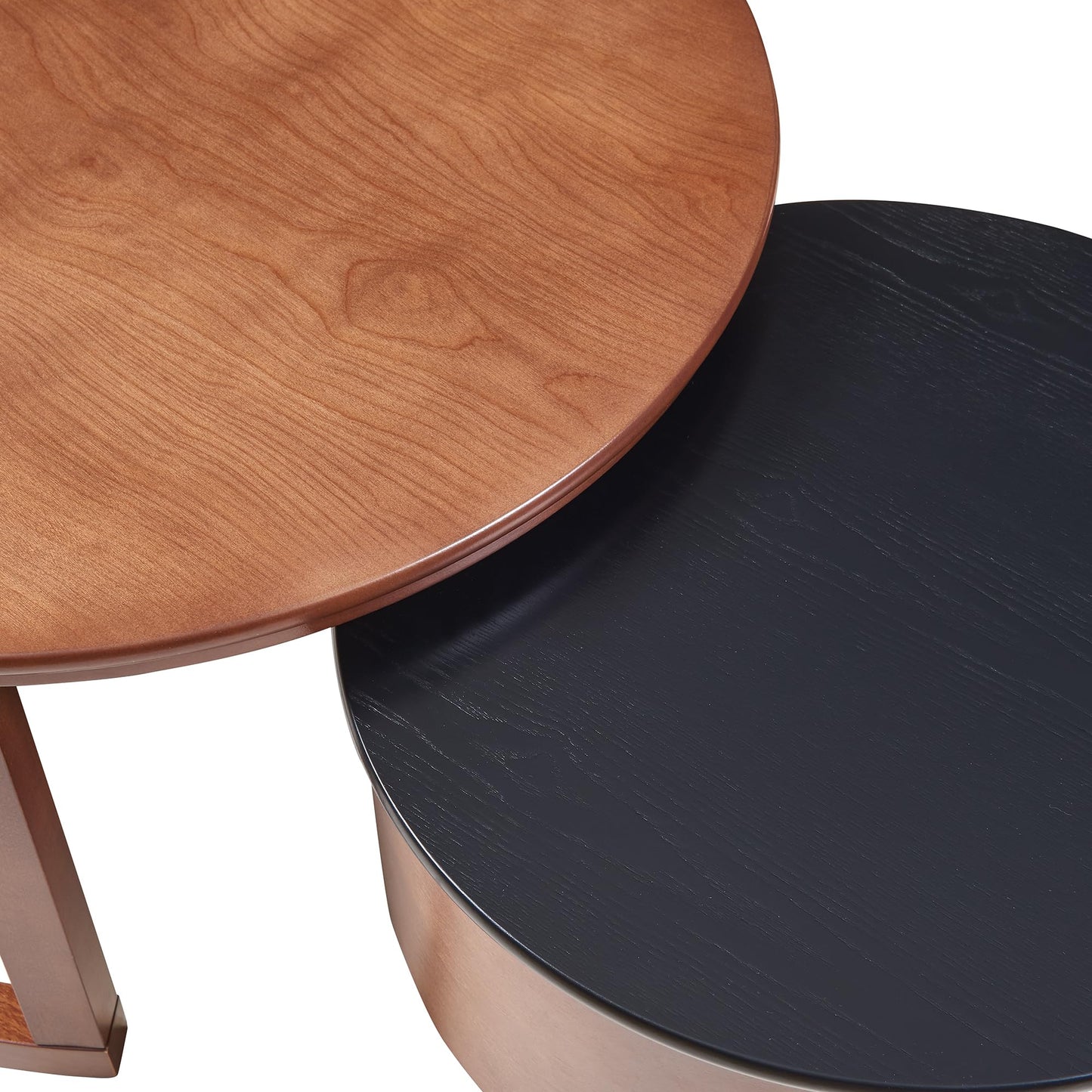 Merax 31.5'' Vintage Round Nesting Wood Coffee Table Set, 2-Tier with Drawer & Storage, Two-Tone Finish Fluted Design for Living Room Apartment, Walnut+Black