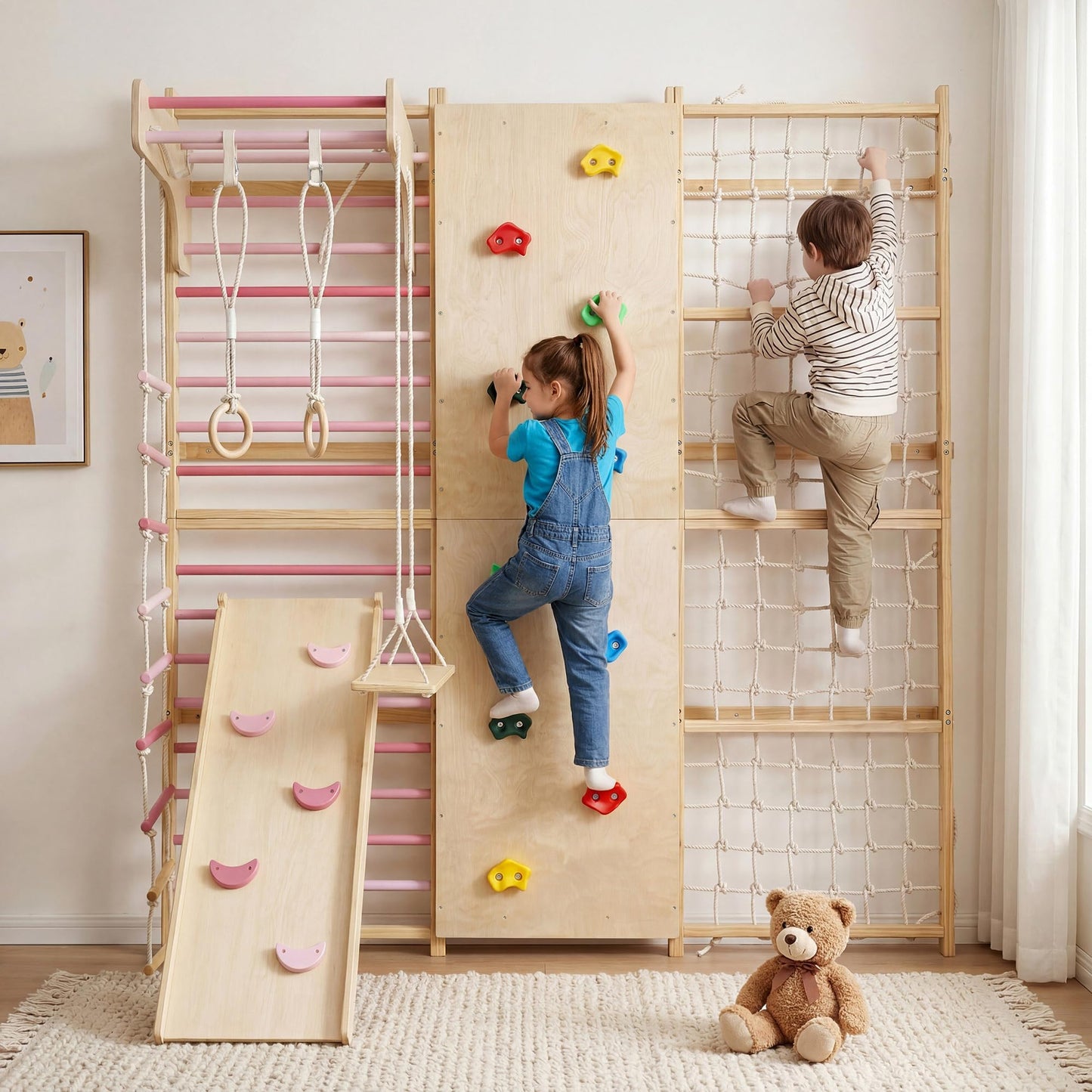 ActiveTrail Multi-Functional Swedish Ladder Wall Gym, 79'' Wooden Wall-Mounted Climbing Set with Slide, Swing, Rope, Rings, Monkey Bars, Indoor Playset for Kids and Adults