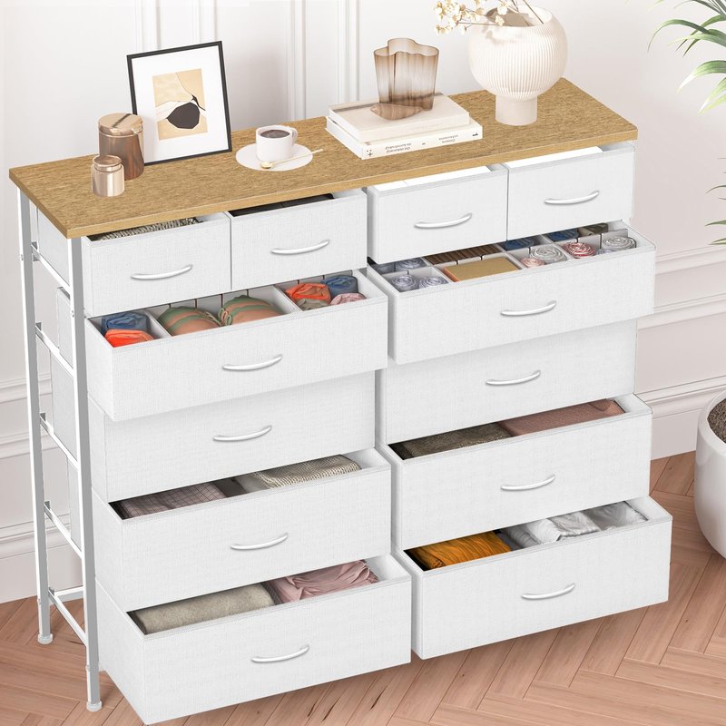 VASICAR Compact 12 Drawers Dresser for Bedroom, Fabric Storage Tower, Chest of Drawers with Retro Wood Top for Closet, Nursery, Living Room