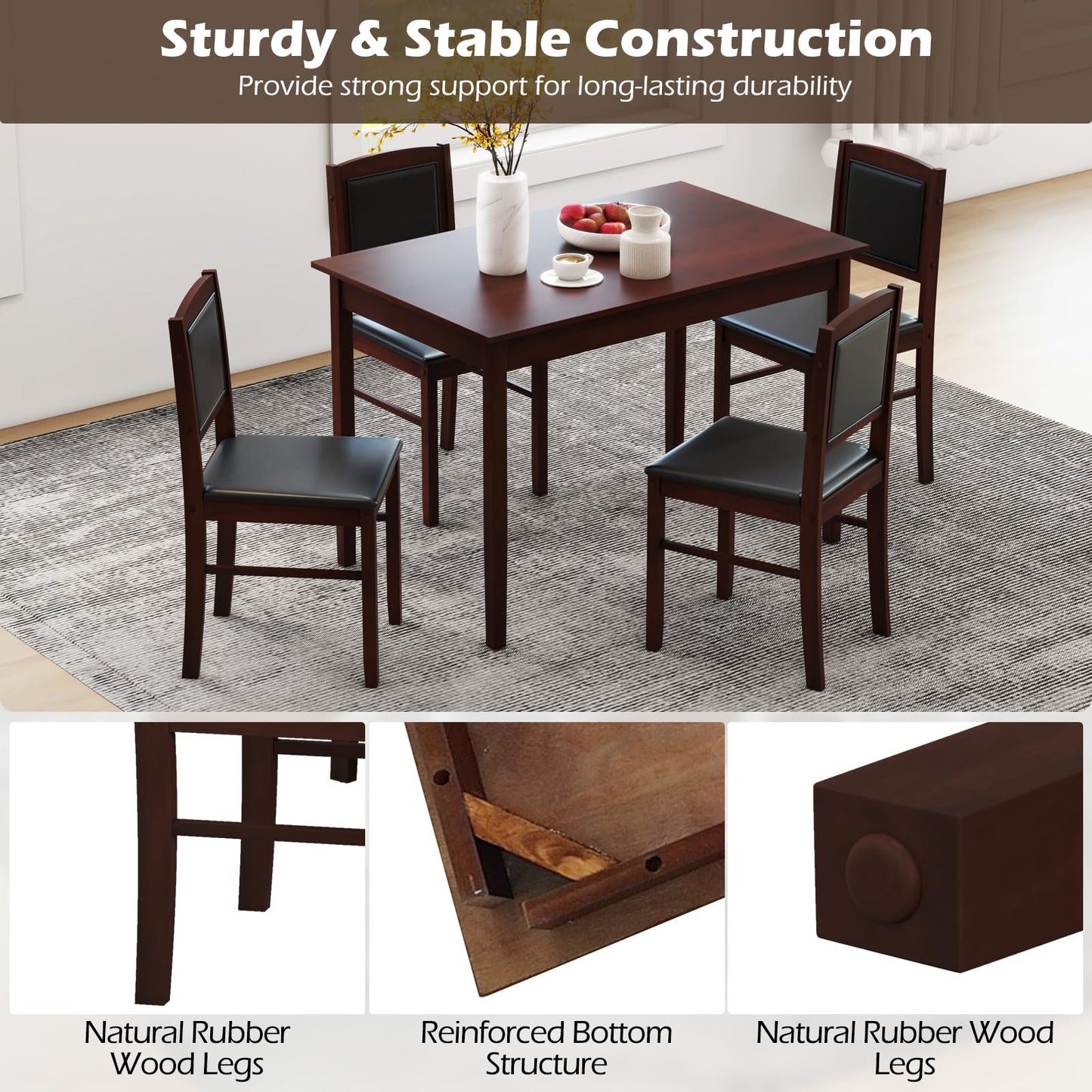 Tangkula Dining Table Set for 4, Farmhouse Solid Wood Dinette Set w/Rubber Wood Legs, Upholstered Seat & Padded Backrest, Mid-Century Modern Dining Table and Chairs Set for Kitchen, Dining Room