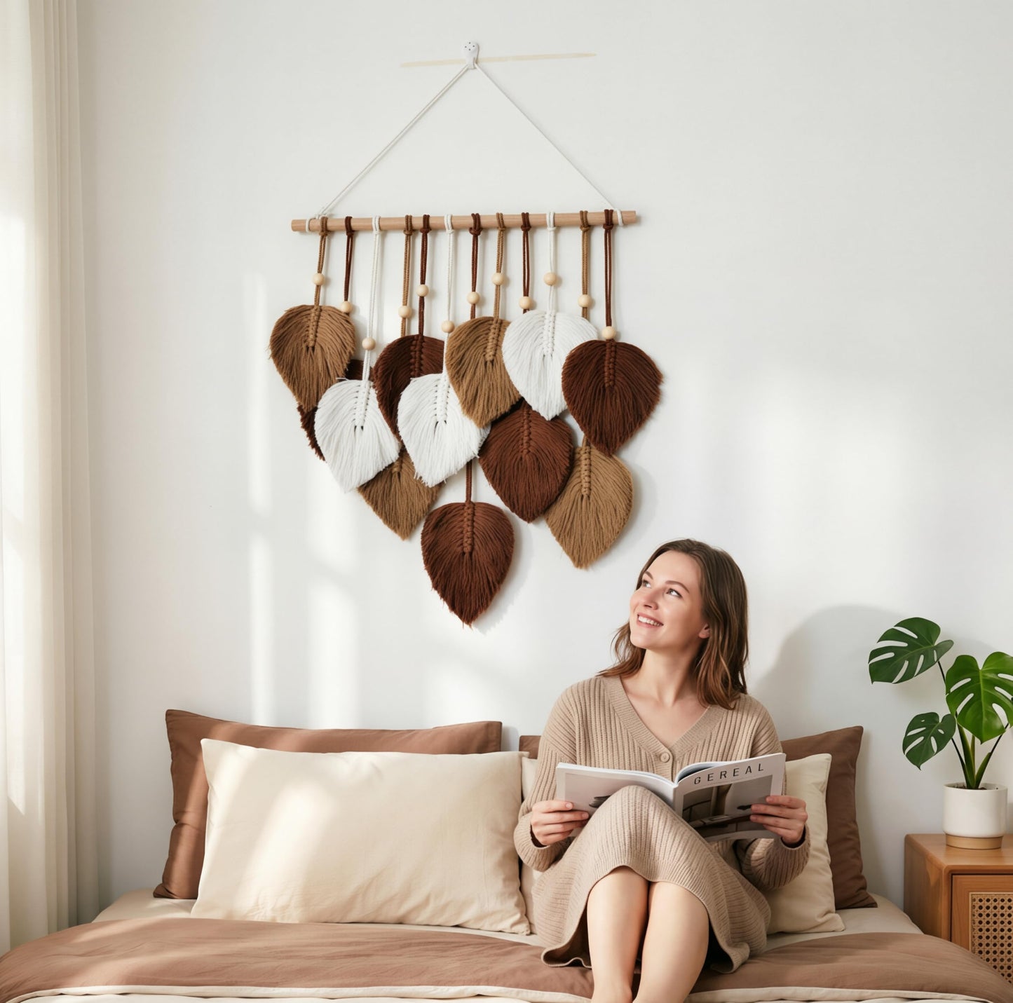 Jditngp DIY Macrame Leaf Wall Hanging Beginners Boho Wall Leaf Tapestry Kit Handmade Woven Tapestry Feather Wall Hanging DIY Macrame Kit for Adults Birthday Gift DIY Craft Kits 15.8" (Brown)