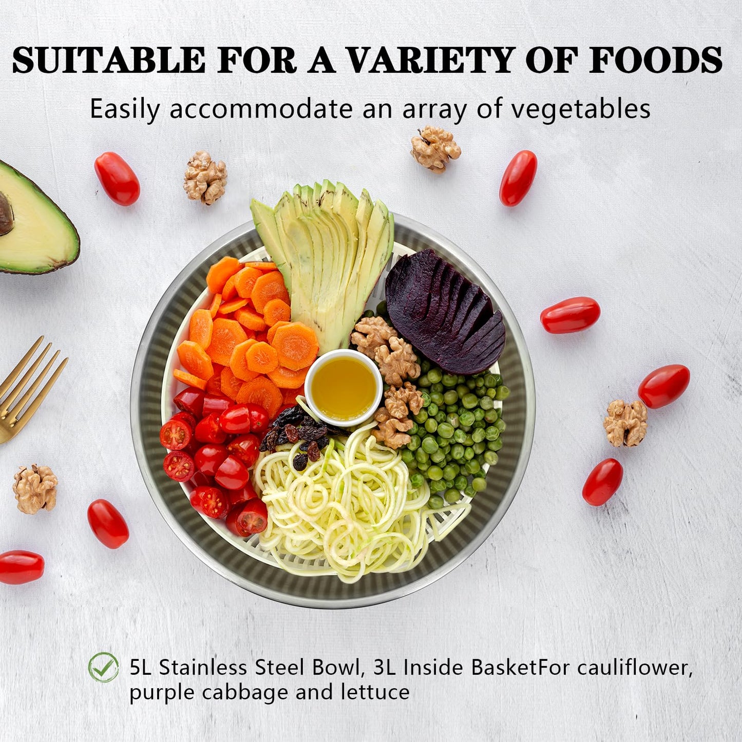 NIOSAVM 5Qt Stainless steel Salad Spinner, lettuce spinners,salad spinner BPA-Free small,Vegetable Dryer,Vegetable Washer,colander for kitchen,salad dryer spinner,fruit cleaner spinner