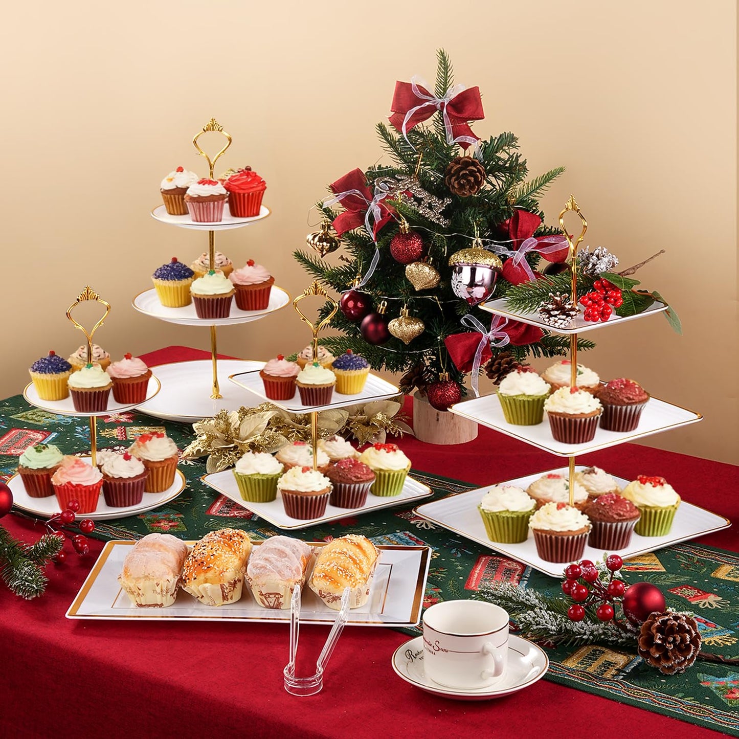 Lzerking 13pcs Dessert Table Display Set, 6 3-Tiered Cupcake Stands (3round & 3square) with 4 Trays & 3 Tongs, White Gold Plastic for Wedding, Tea Party, Baby Shower Decor, Birthday Party Decoration