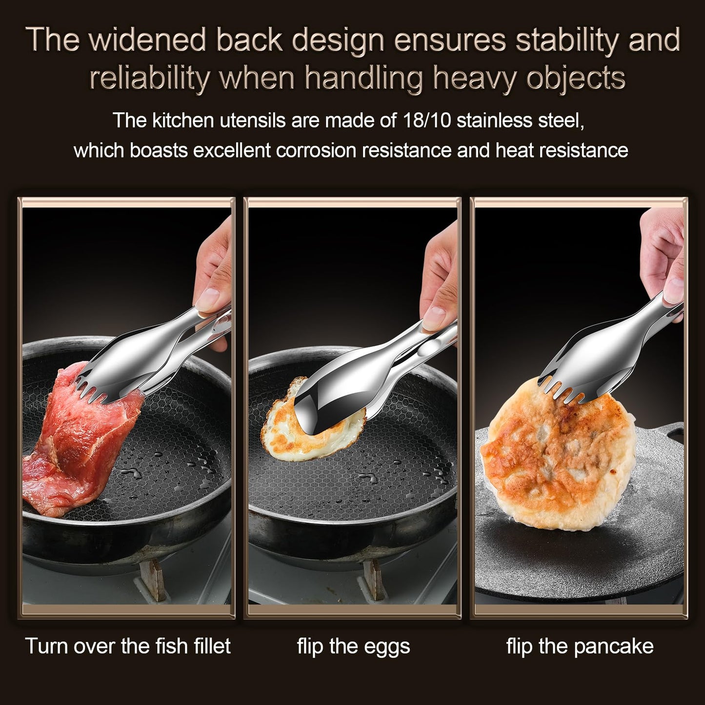 Huakai Cooking Tongs Detachable Design Stainless Steel Separates into Independent Small Spatulas, while Combining to Form Powerful Tongs for Flipping Heavy Steaks or Burgers