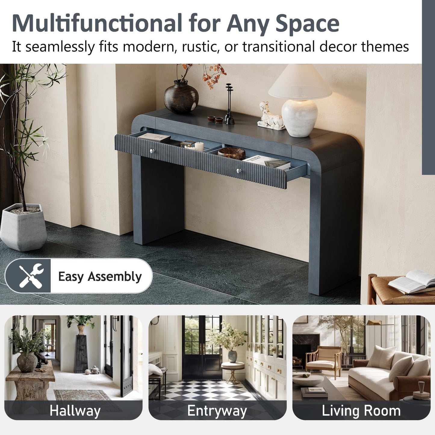 Merax Rustic Console Table with Fluted Drawer Front, Entryway Table with Curved Corners & Thick Legs, Sturdy Sofa Table for Hallway & Living Room, Dark Navy