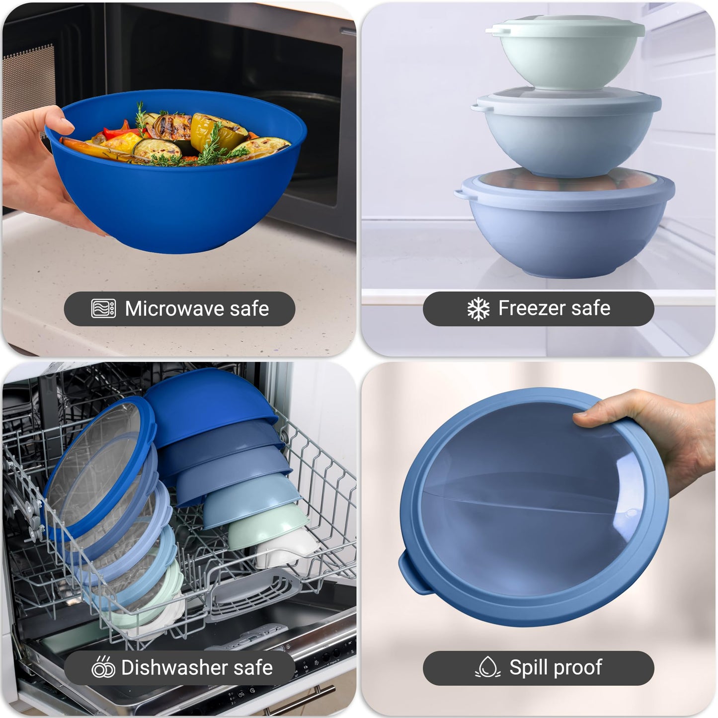 Zulay Kitchen 12 Piece Plastic Mixing Bowls with Lids Set - Leak-Proof Microwave & Freezer Safe Stackable Mixing Bowl Set for Preparing, Serving and Storing - Non-Slip Large Nesting Bowls (Blue Ombre)