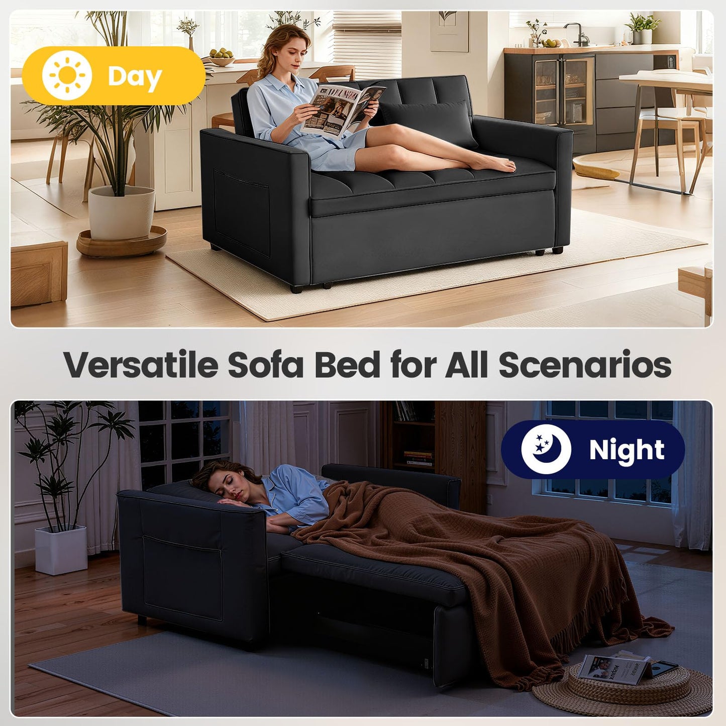 Trygoal 3 in 1 Convertible Sofa Bed, Love Seat Sleeper Bed with Side Pockets, Velvet Fabric Pull Out Couch with Adjustable Backrest for Living Room, Bedroom, Apartment, Black
