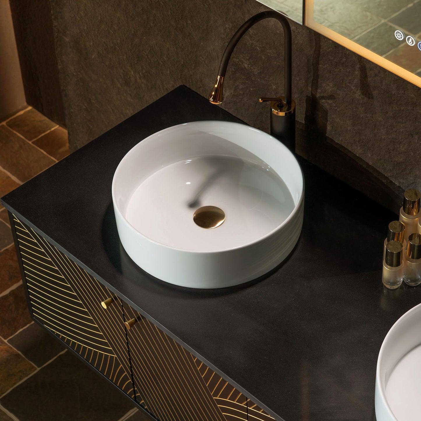 Woodbridge 60"X22" Wall Mounted Vanity with Double Ceramic Round Vessel Sinks,Black Engineered Stone Vanity Top,Floating Design with Hand-Painted Black & Gold Accents,Space-Saving for Modern Living