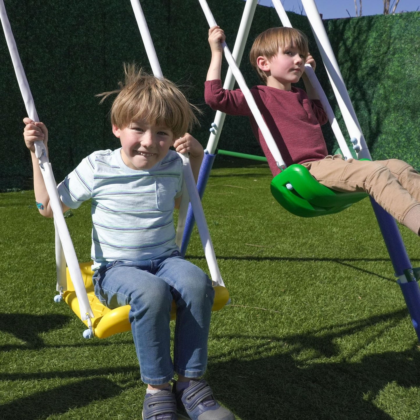 Sportspower Park Ridge Metal Swing Set for Ages 3-8, 2 Swings, Standing Swing, Roman Glider, Teeter Totter, 5ft Slide, 6.1ft Durable Steel Frame, Anchor Kit, 800lbs