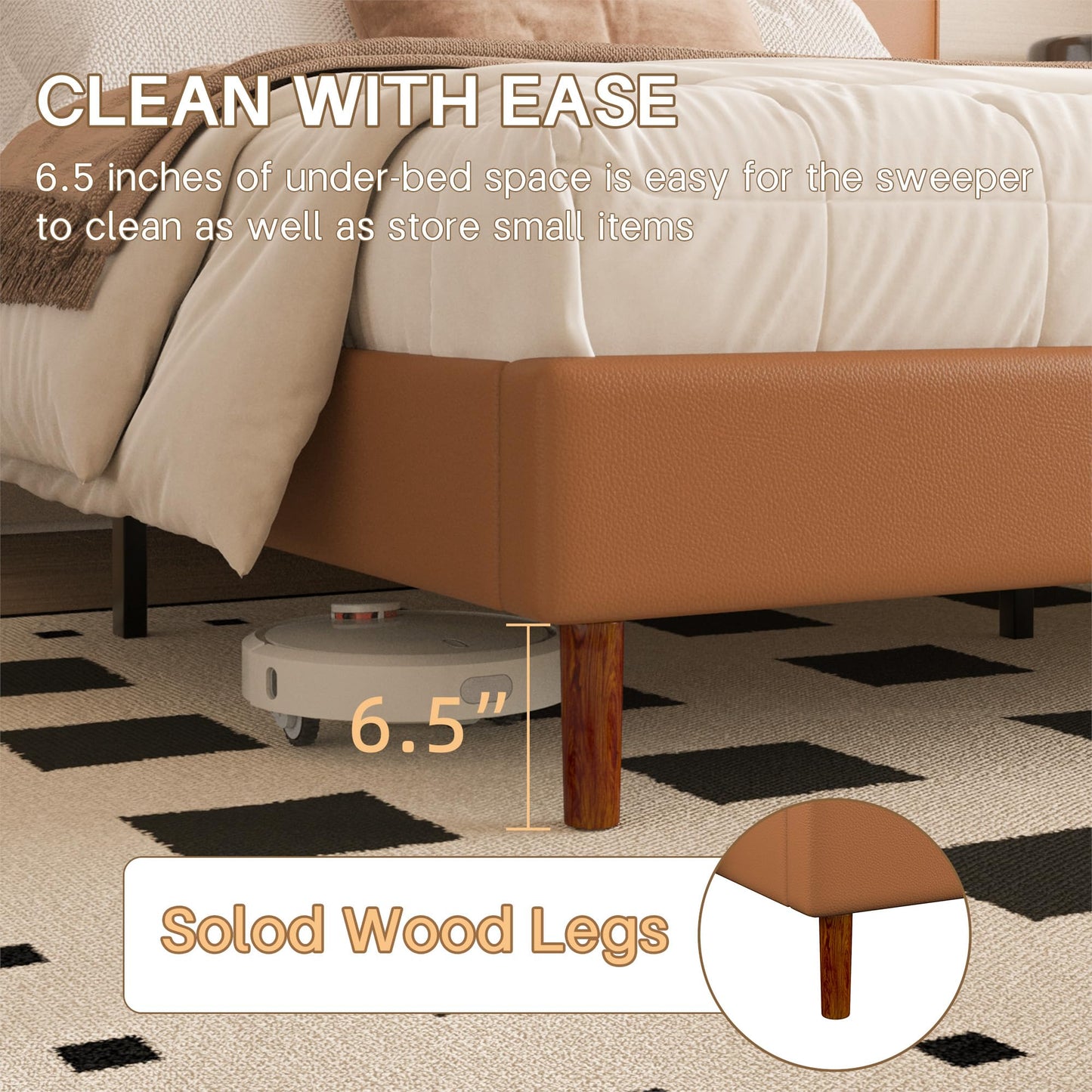 Lcwtvgxr King Size Leather Platform Bed Frame with Adjustable Upholstered Headboard, Solid Wooden Legs, No Box Spring Needed, Easy Assembly, Noise Free, Orange-Brown