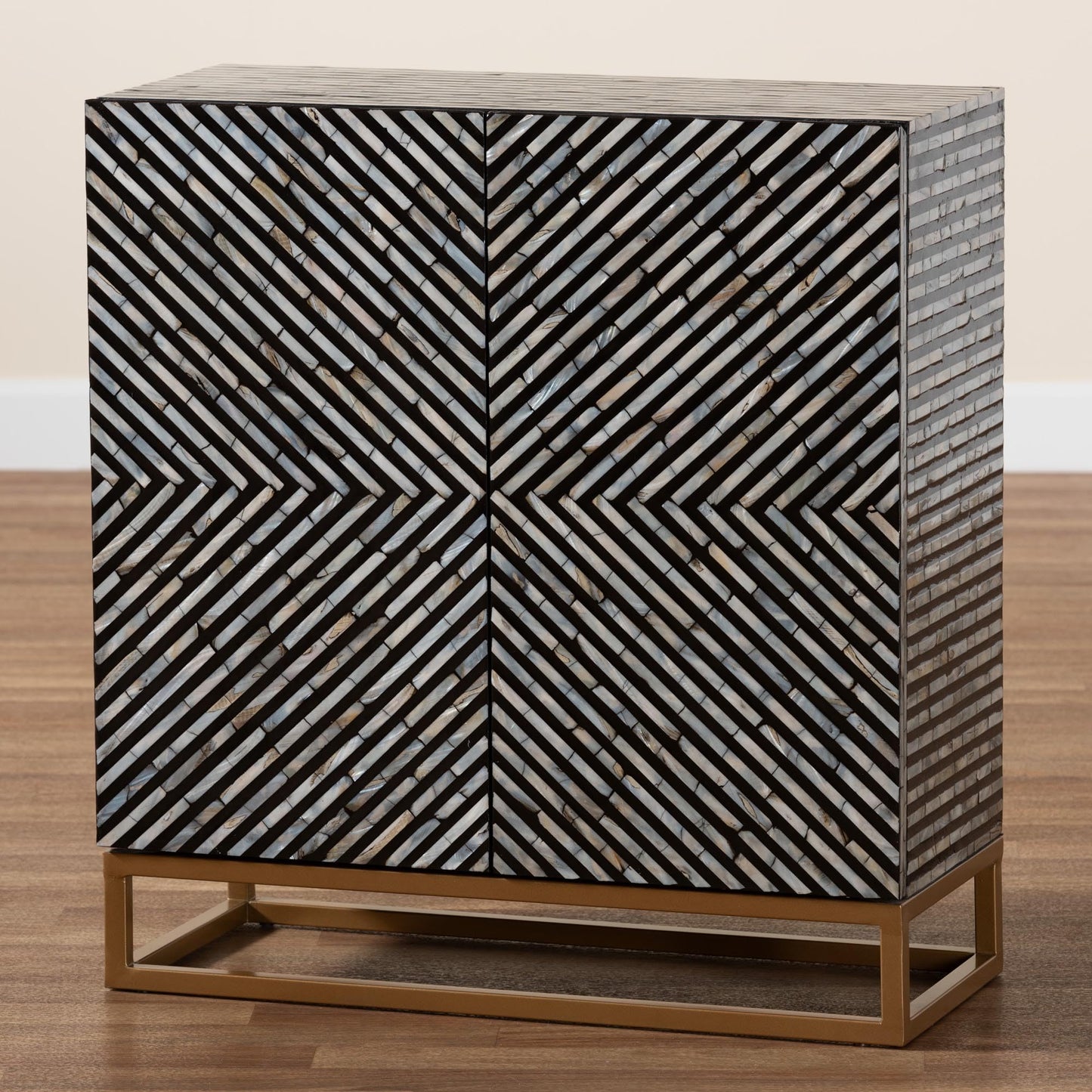 Baxton Studio Belenus Modern Bohemian Herringbone Black Mother of Pearl Storage Cabinet