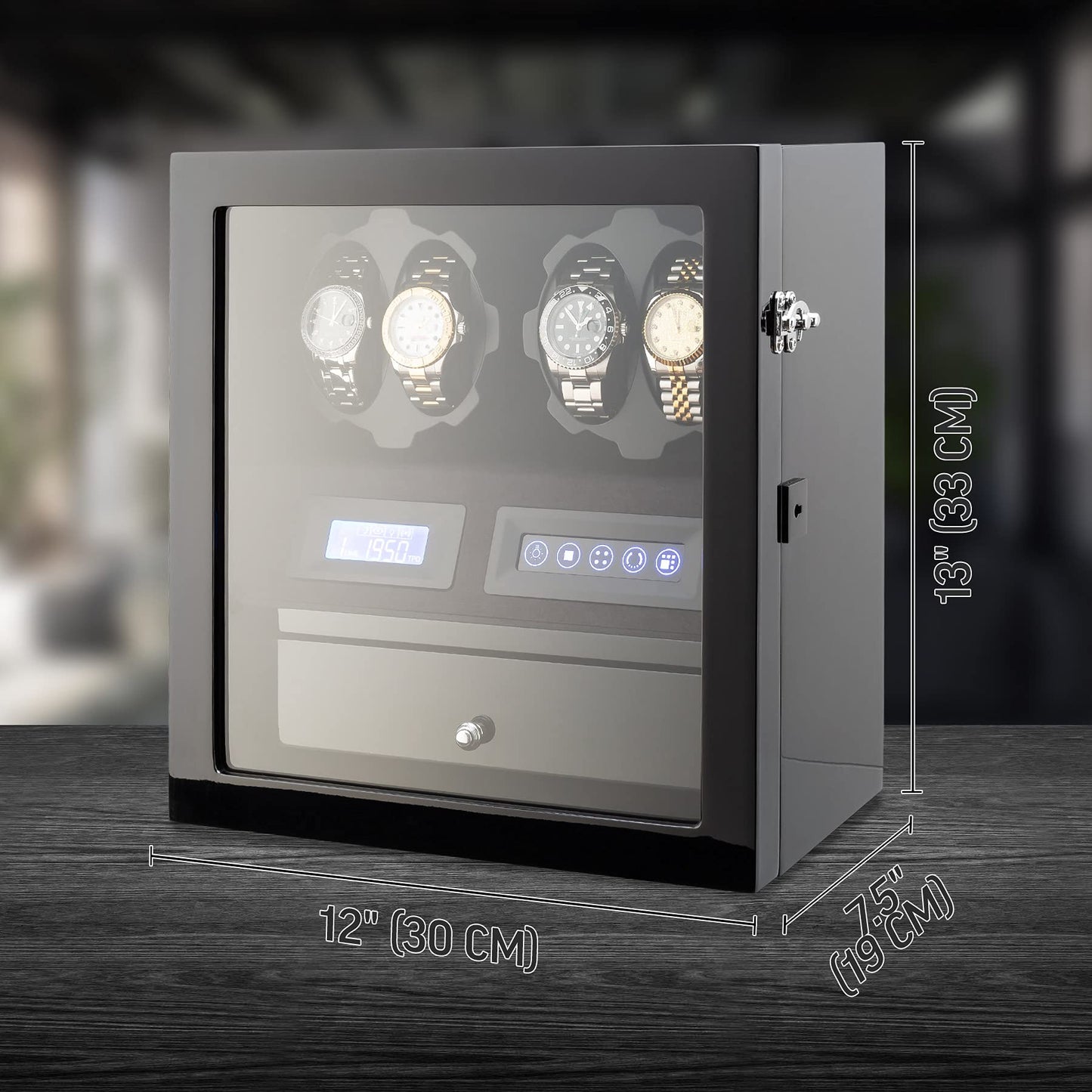 4 Watch Winder with 5 Watch Storage Space, LCD Display, Touch Control and Interior Light (Black + Black Velvet)