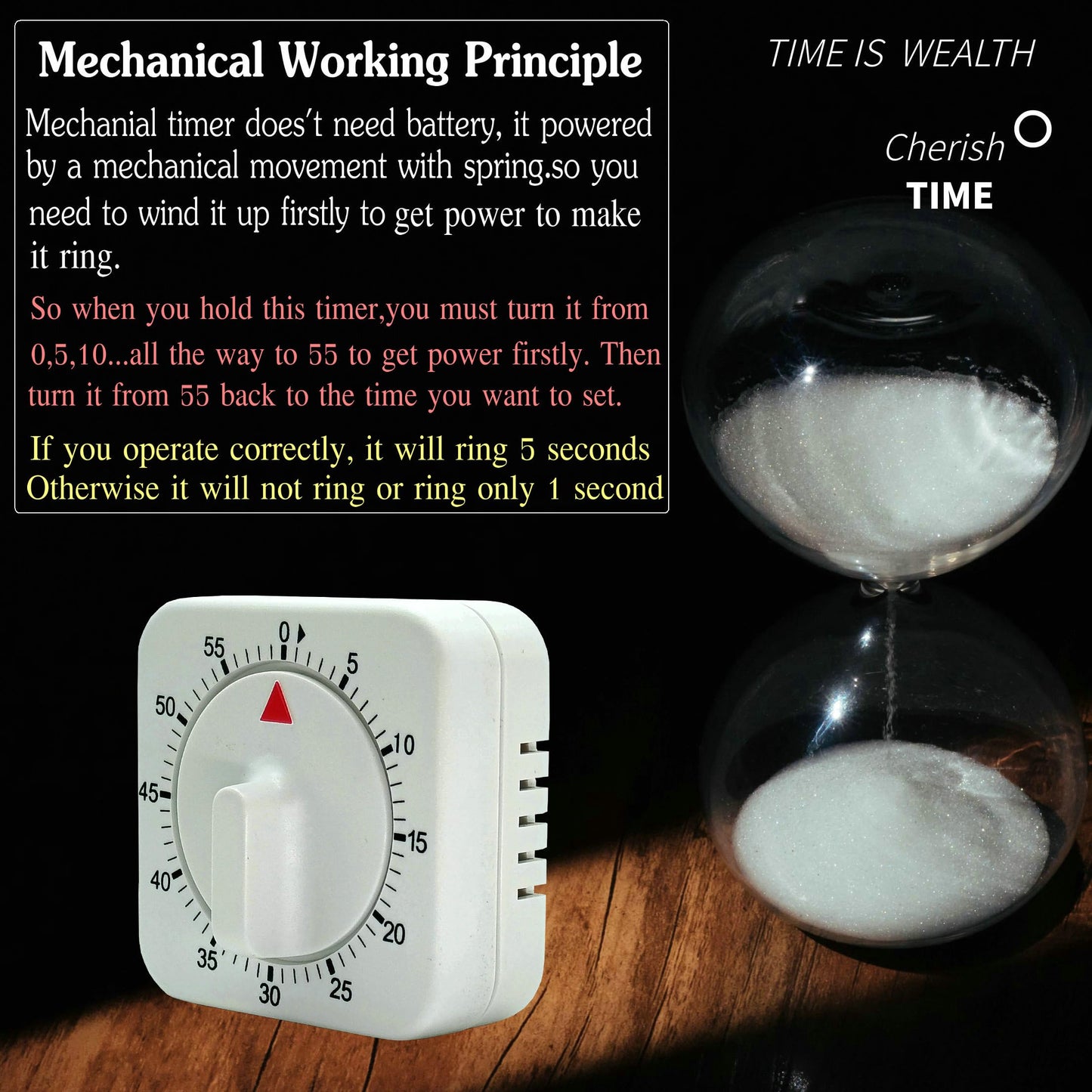 Square 60 Minute Mechanical Kitchen Timer, Easy to Use Visual Cooking Timer with Strong Magnet and Loud Alarm, Manual Countdown Timer for Classroom, Home, Study and Cooking (2 Pack)