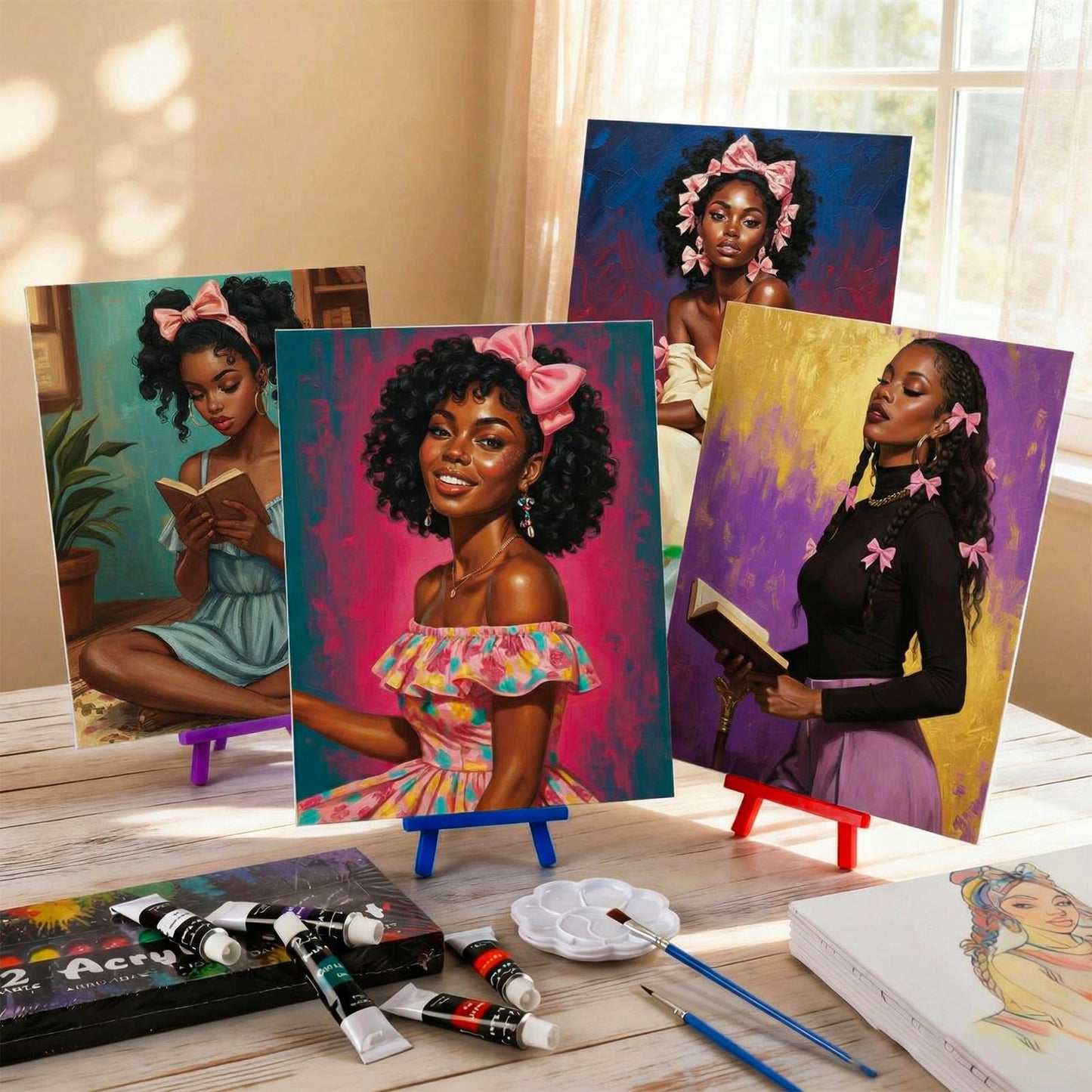Sherr 108 Pcs 12 Set Black Girl Sip and Paint Kit for Adults 8''x10'' Pre Drawn Canvas to Paint DIY Acrylic Painting Kit Pre Printed Canvas for Date Night Mother's Day Party Team Building